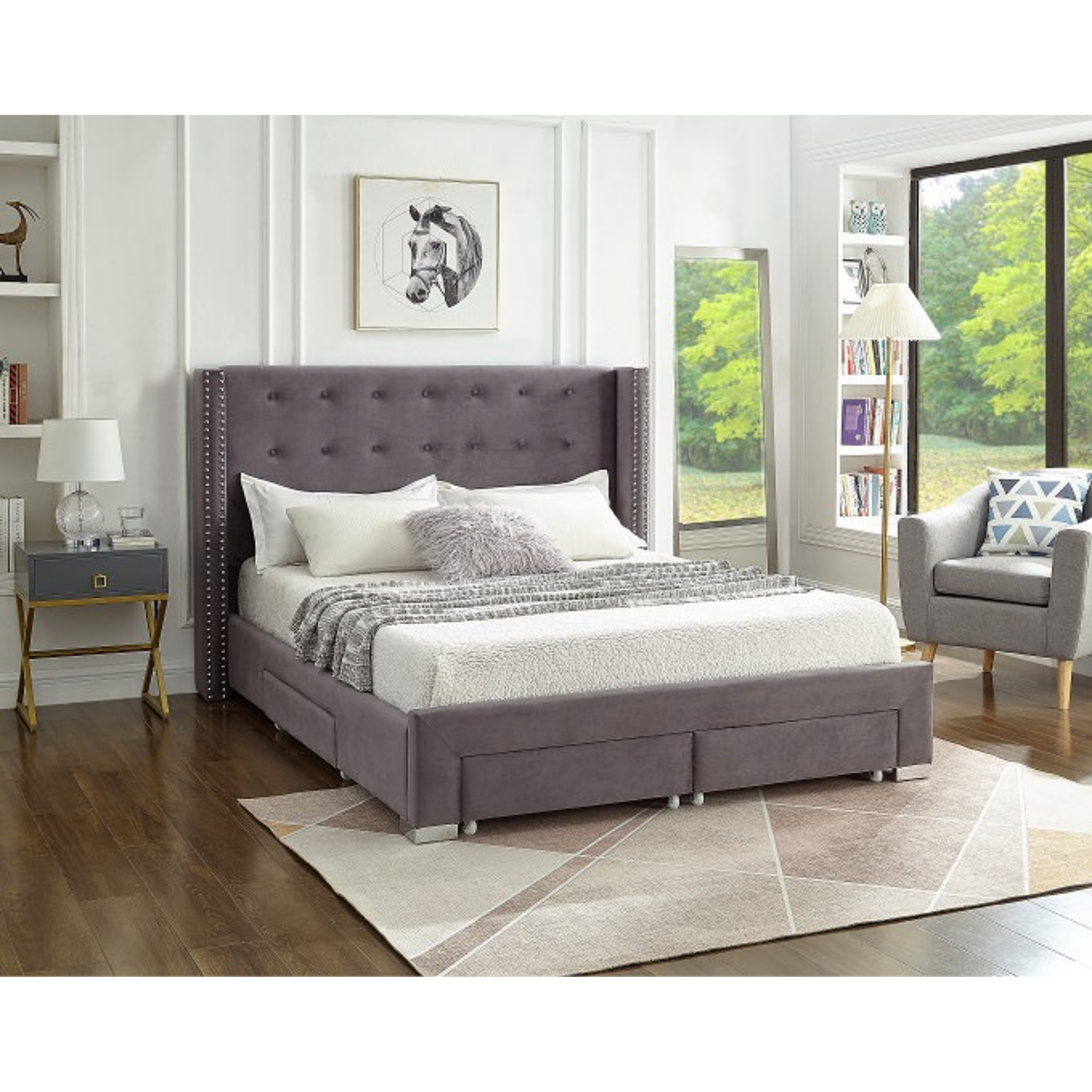 King Bed - Grey Velvet Fabric Wing Bed with Nailhead 5320