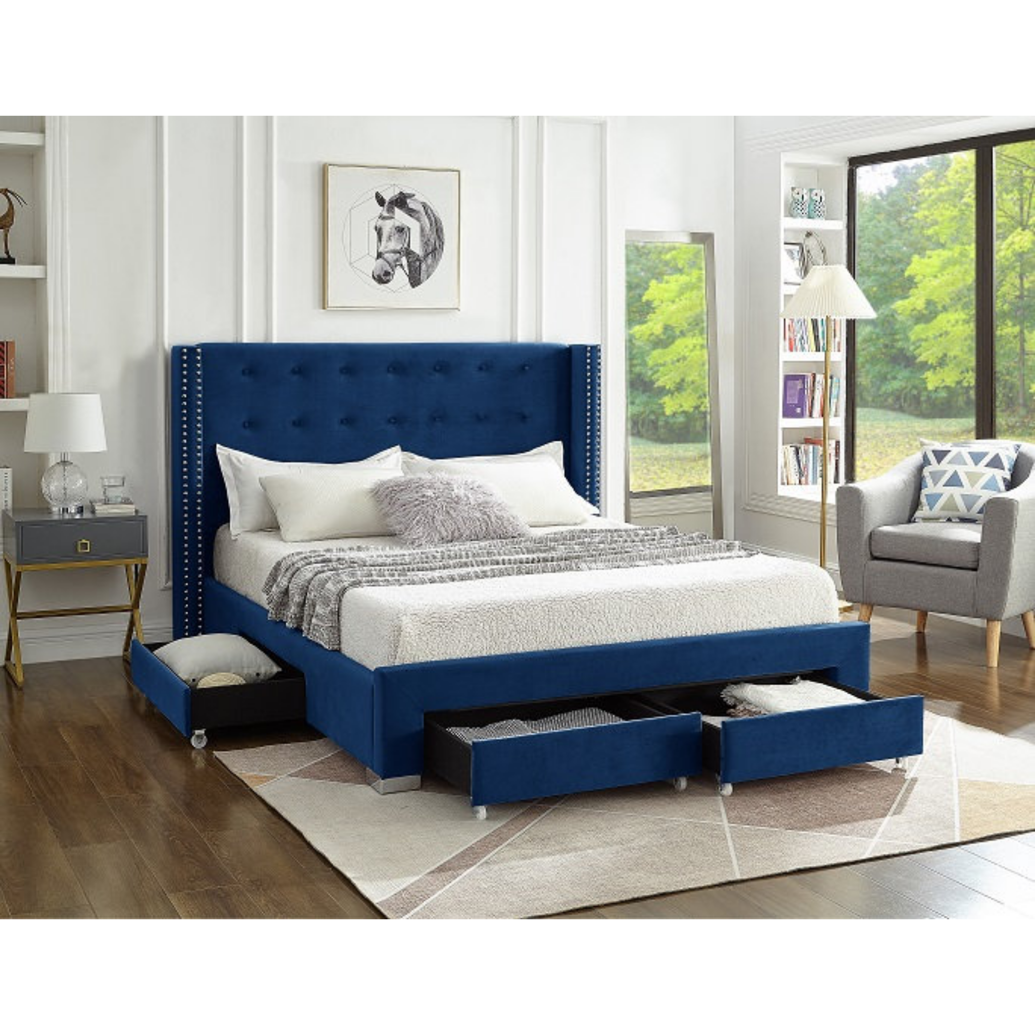 King Bed - Blue Velvet Fabric Wing Bed with Nailhead 5321