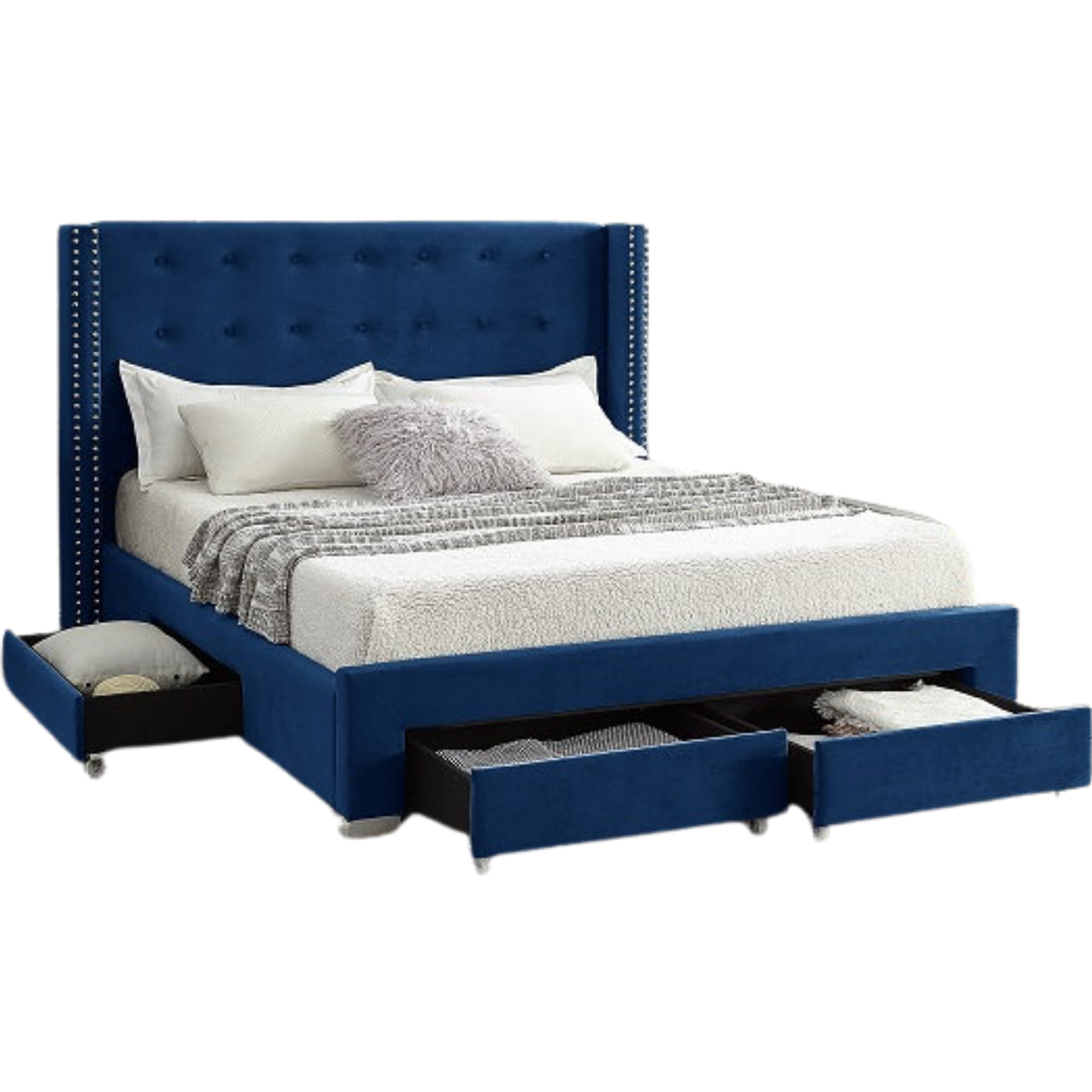 King Bed - Blue Velvet Fabric Wing Bed with Nailhead 5321
