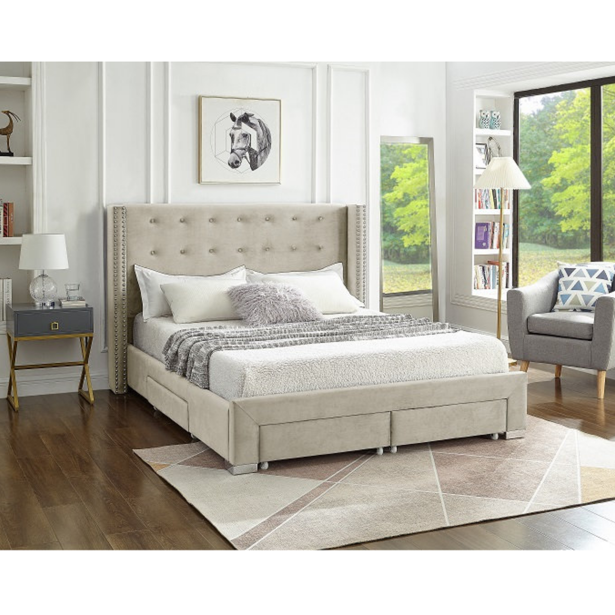 Lit Queen Size - Lit à oreilles en velours crème avec tête de clou 5322