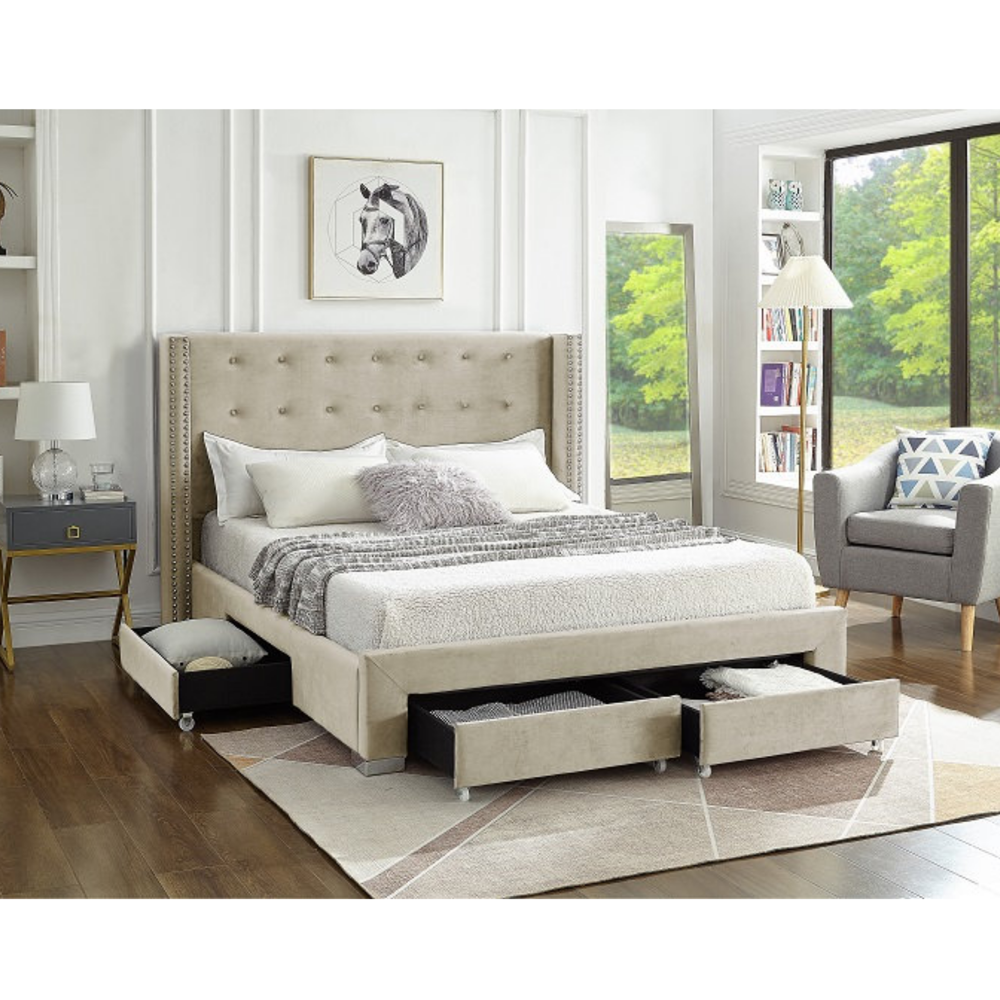 King Bed - Creme Velvet Fabric Wing Bed with Nailhead 5322