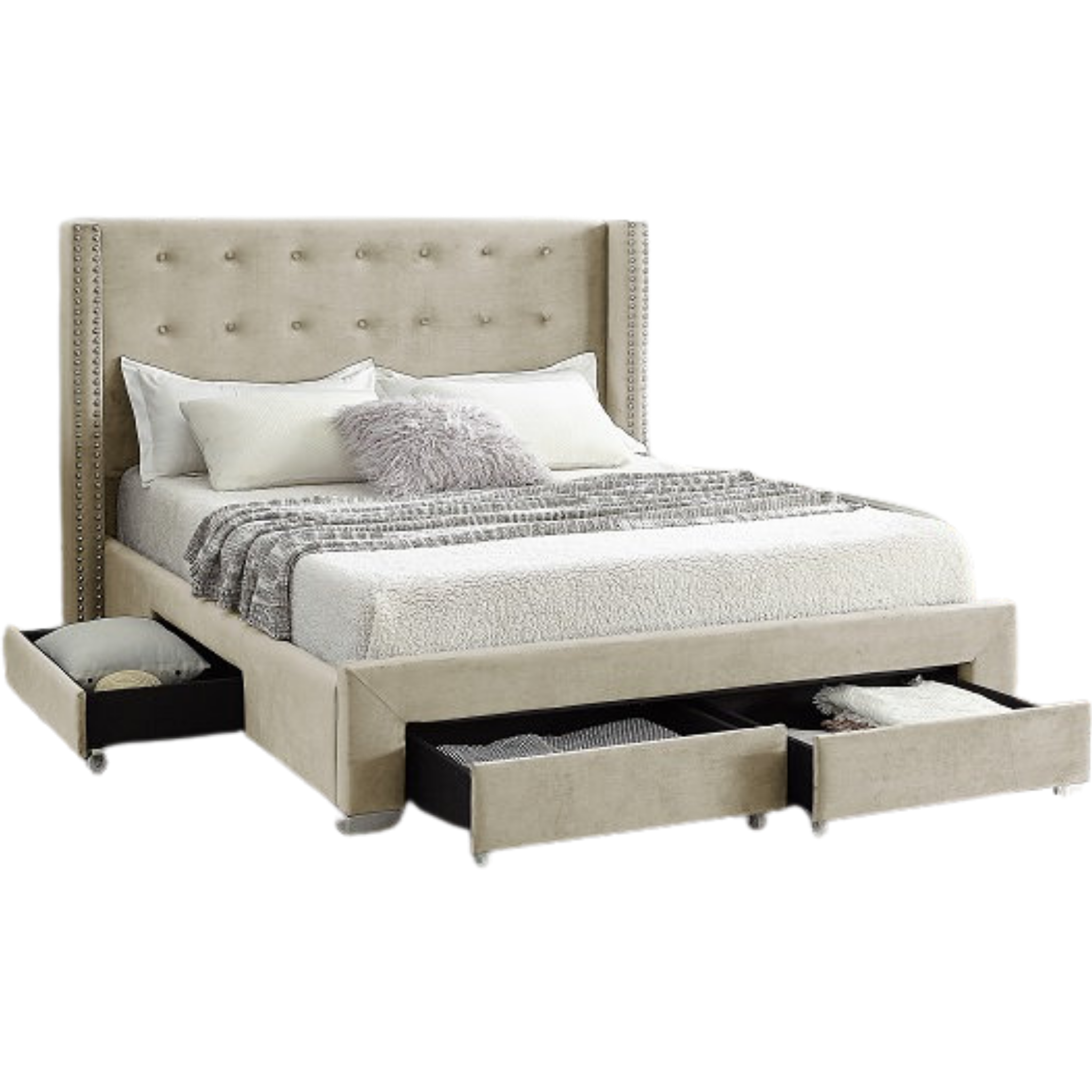 King Bed - Creme Velvet Fabric Wing Bed with Nailhead 5322