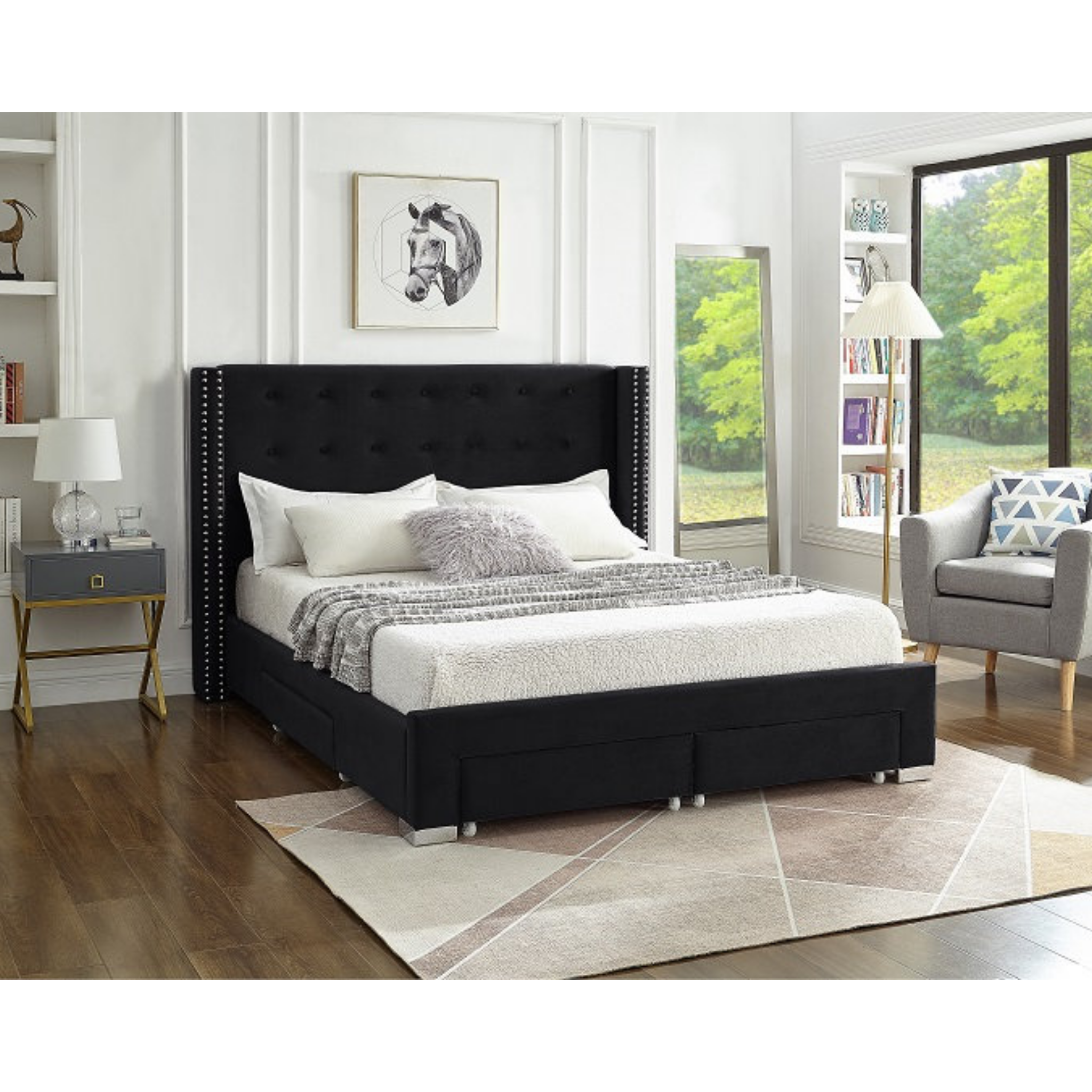 Lit Queen Size - Lit à oreilles en velours noir avec tête de clou 5323