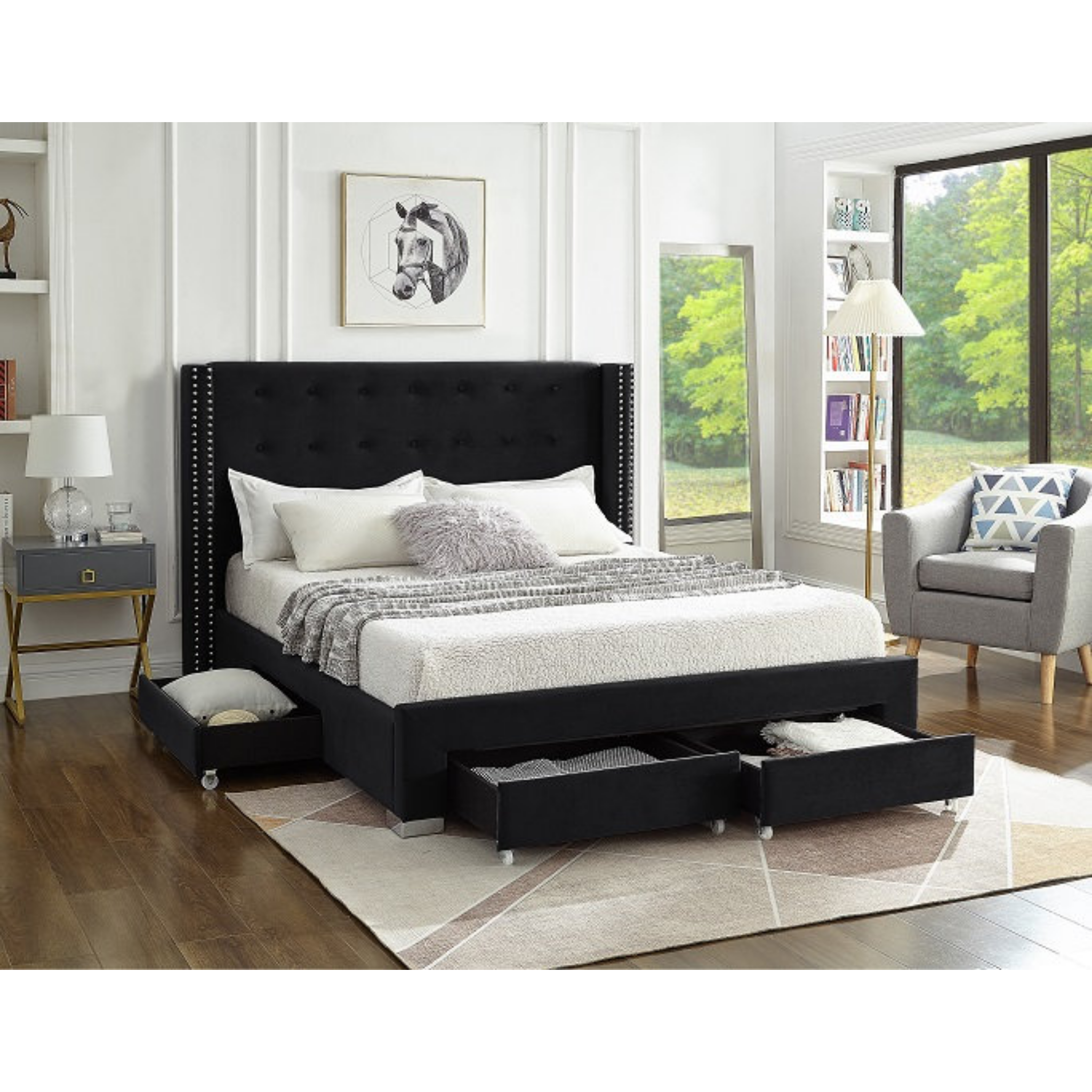 King Bed - Black Velvet Fabric Wing Bed with Nailhead 5323
