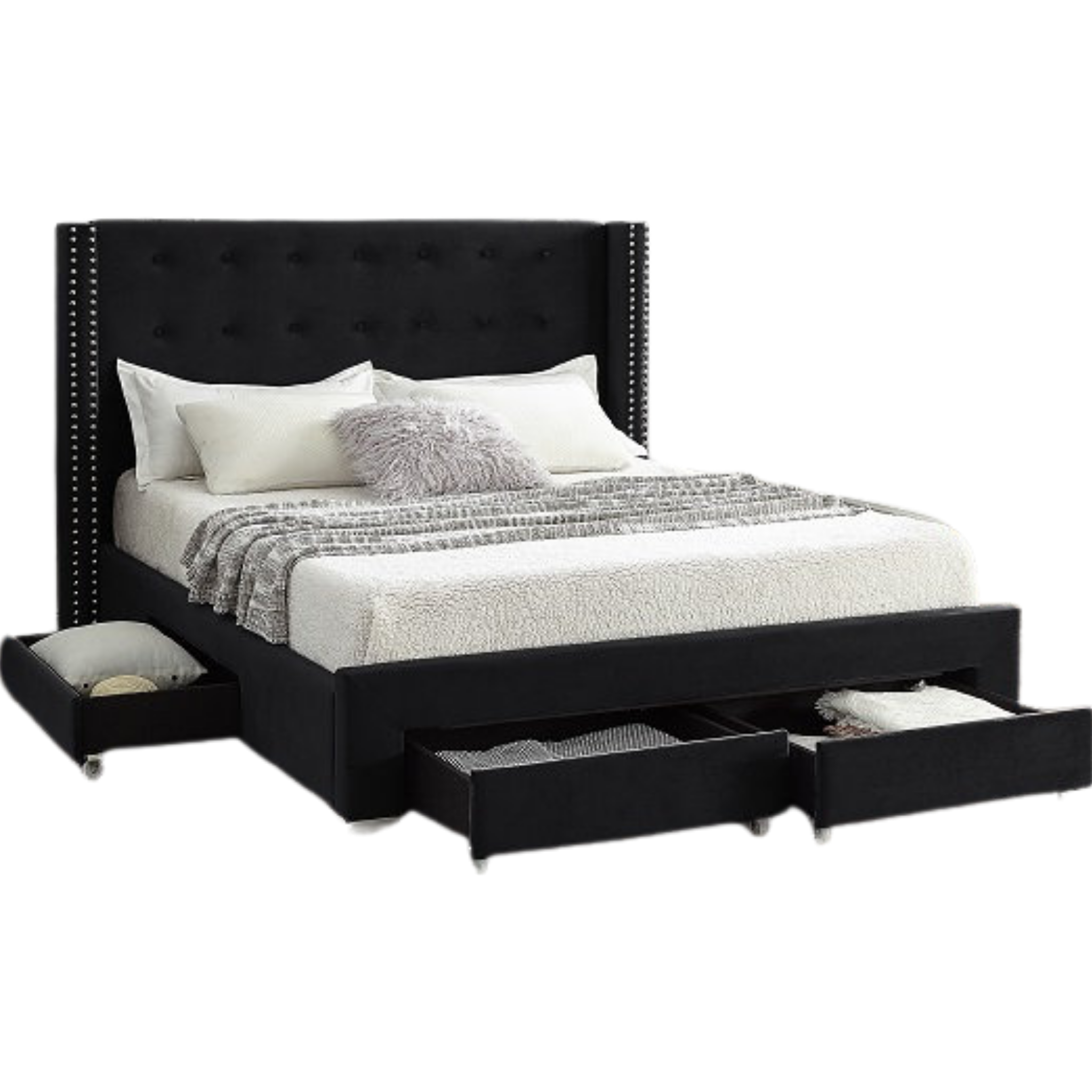 King Bed - Black Velvet Fabric Wing Bed with Nailhead 5323