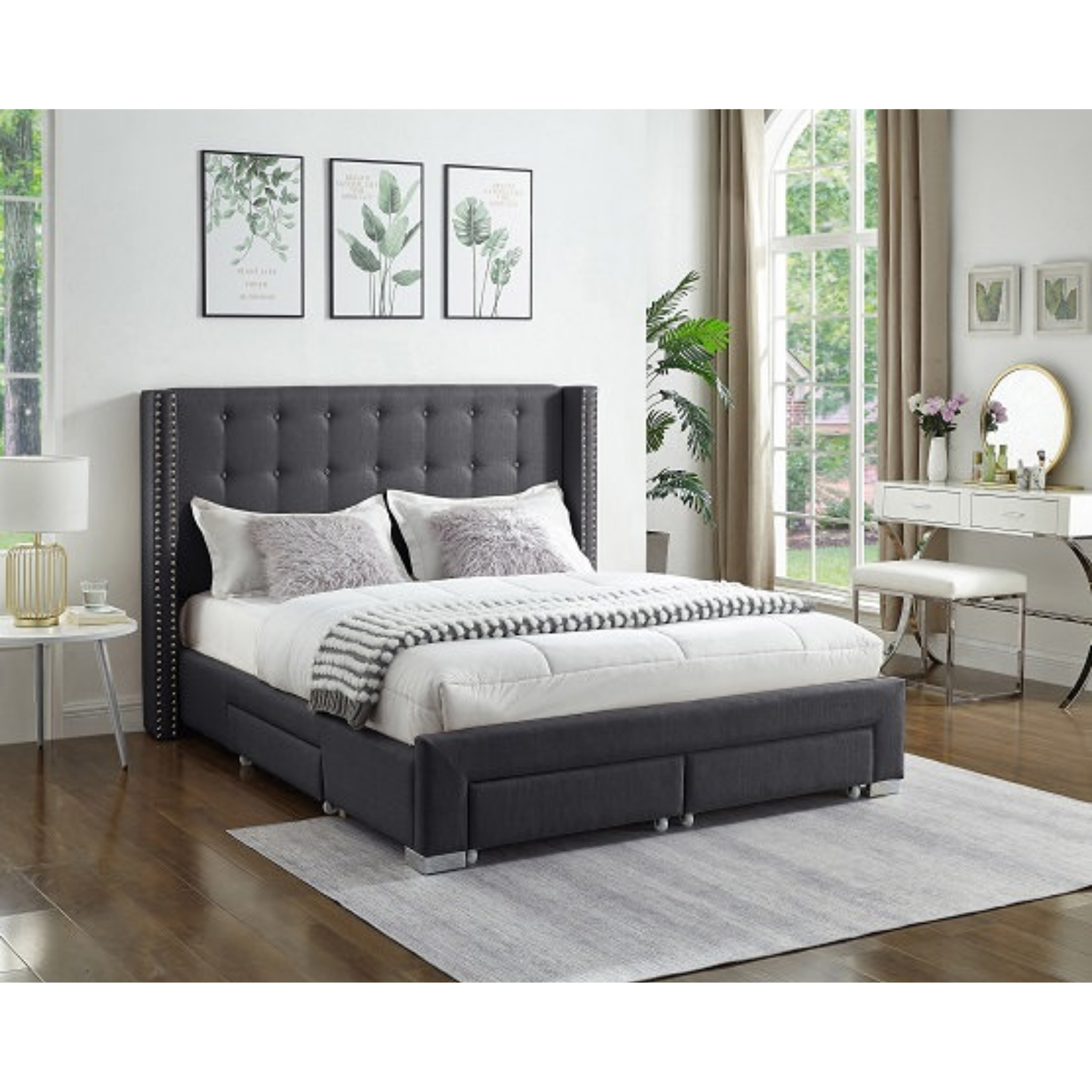 Lit Queen Size - Lit à oreilles en velours gris avec tête de clou 5327