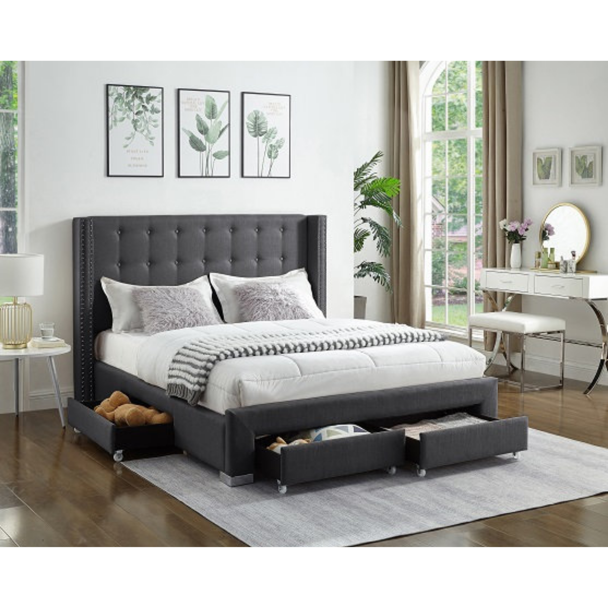 Queen Bed - Grey Velvet Fabric Wing Bed with Nailhead 5327