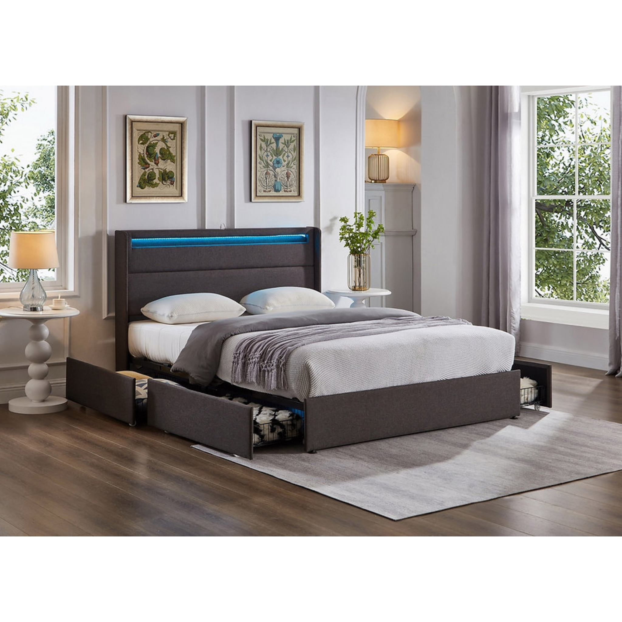 Double Bed - Grey Fabric Storage Led Bed with Charging Station 5343