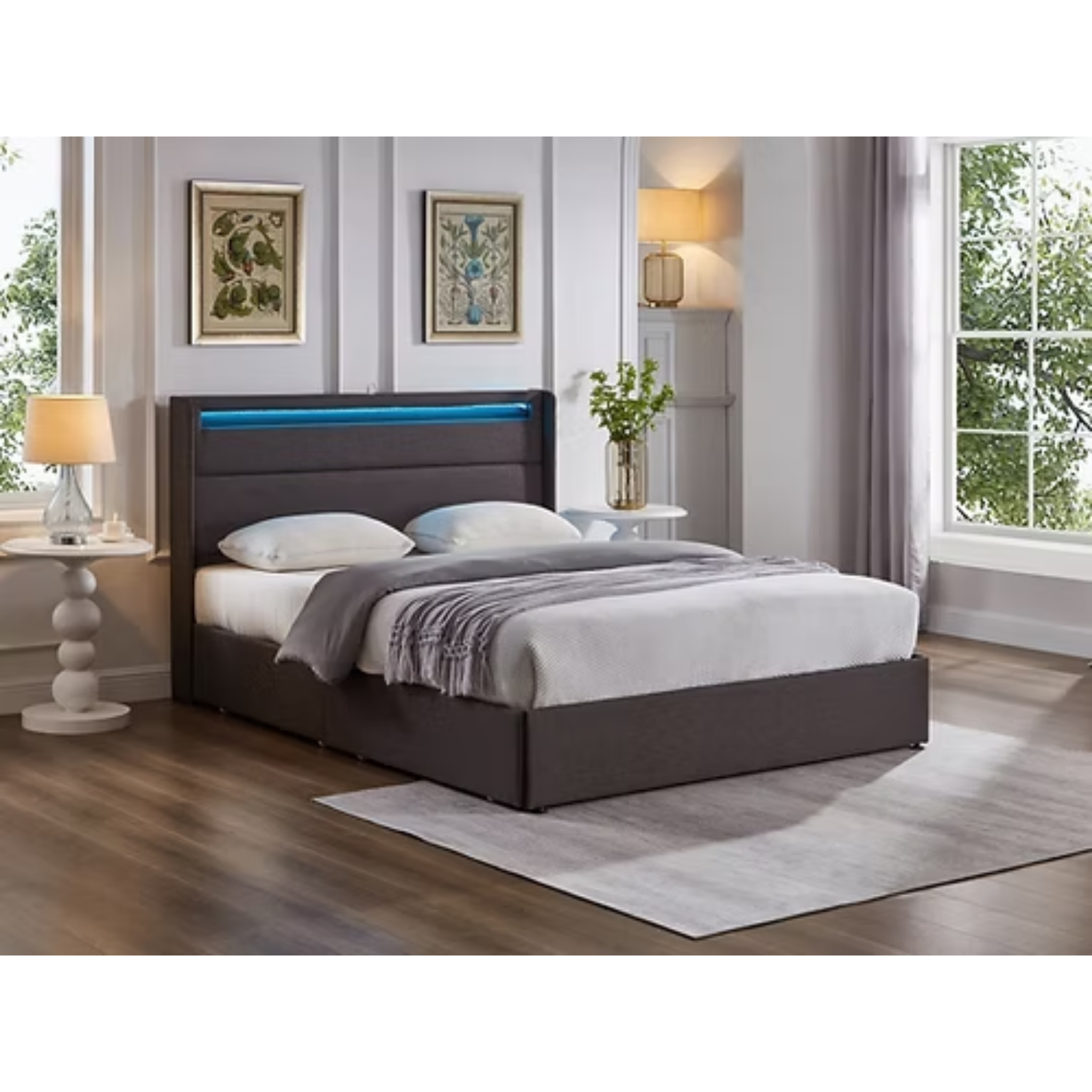 Lit Queen Size - Lit de rangement en tissu gris avec station de charge 5343