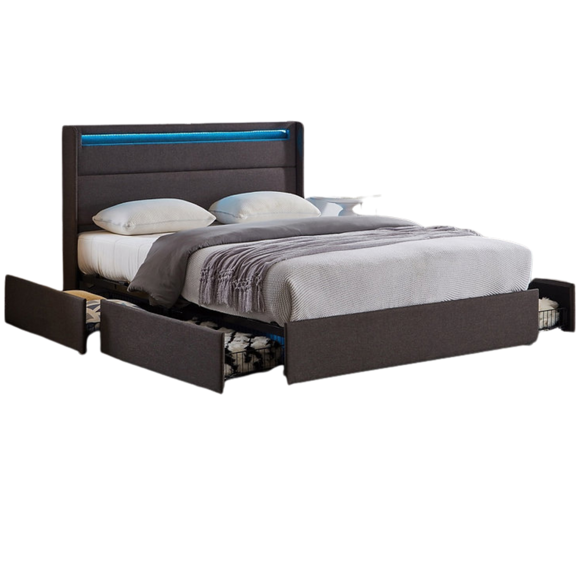 Double Bed - Grey Fabric Storage Led Bed with Charging Station 5343