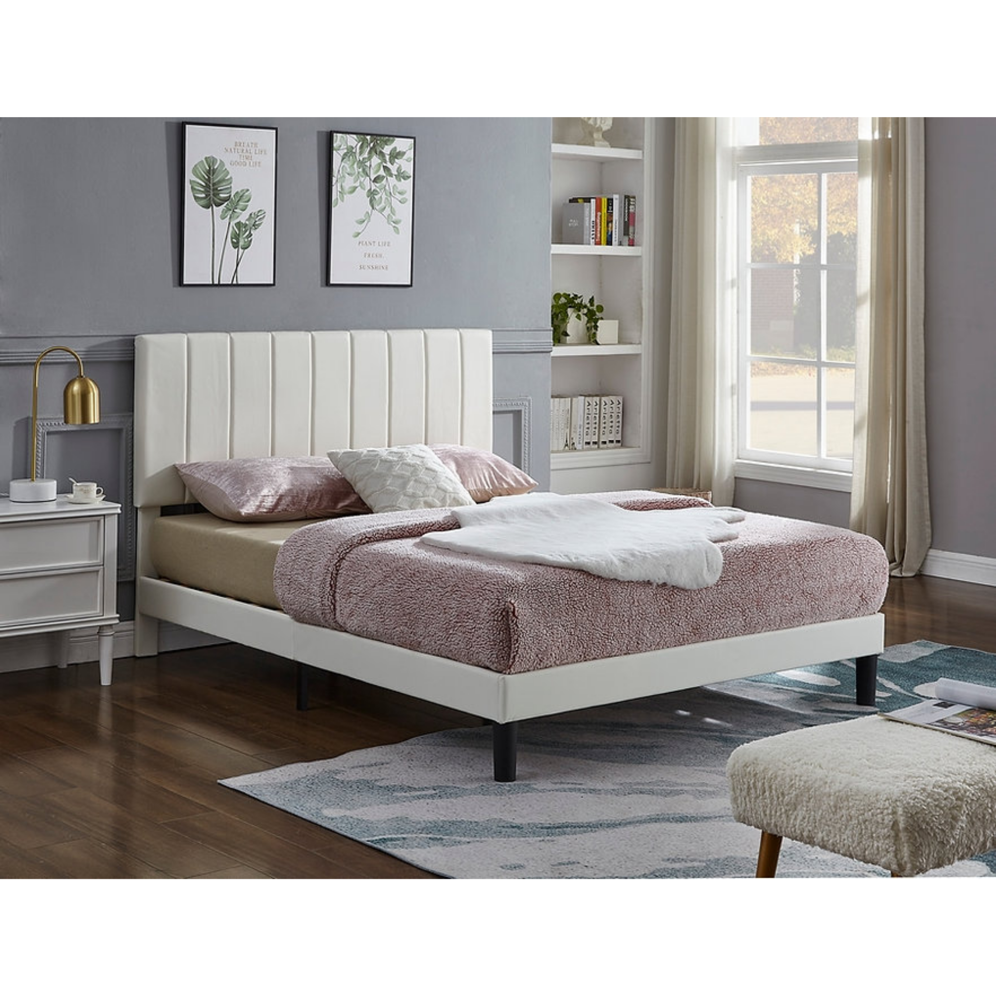 Queen Bed - White PU Bed with Vertical Tufting IF-5362