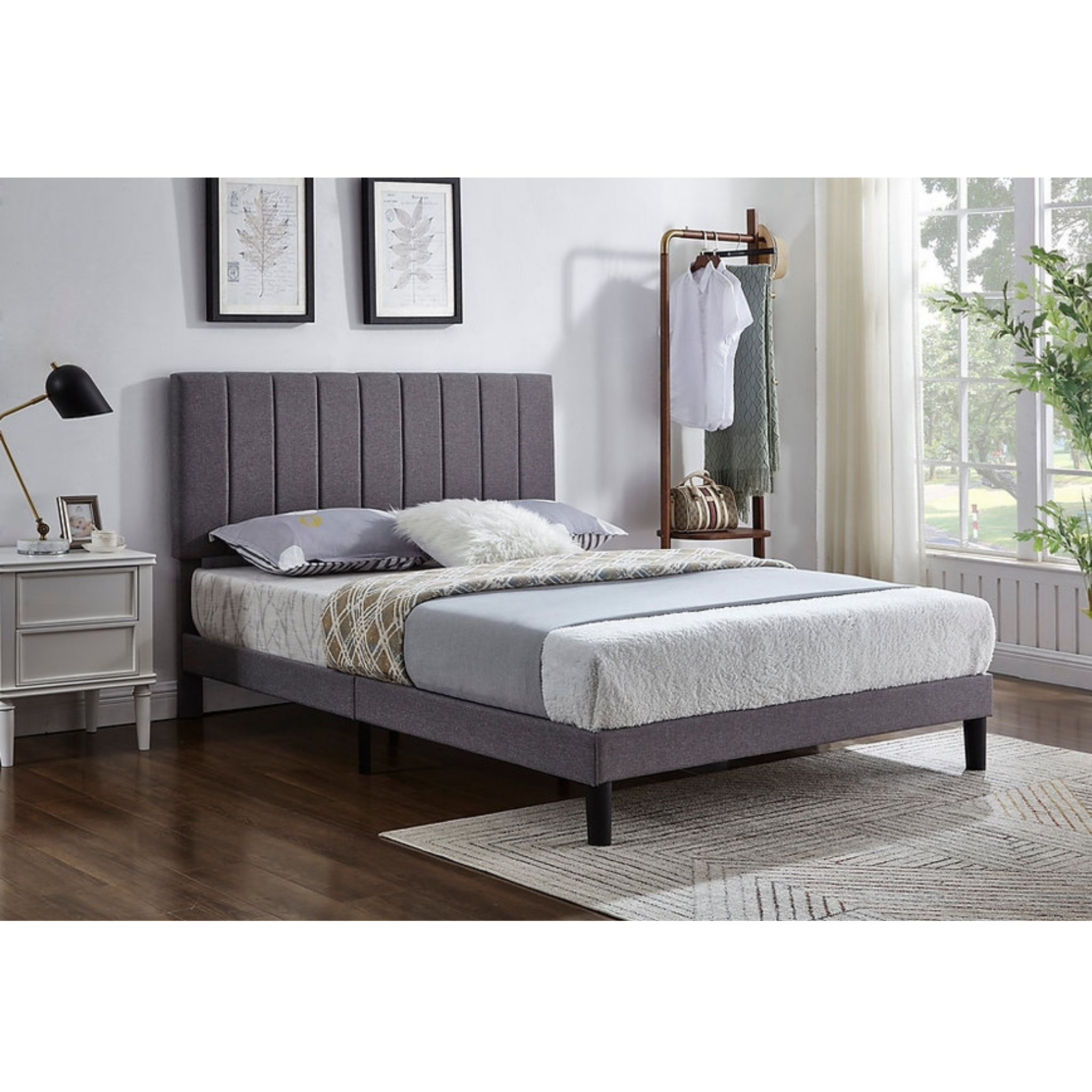 Queen Bed - Grey Fabric Bed IF 5363
