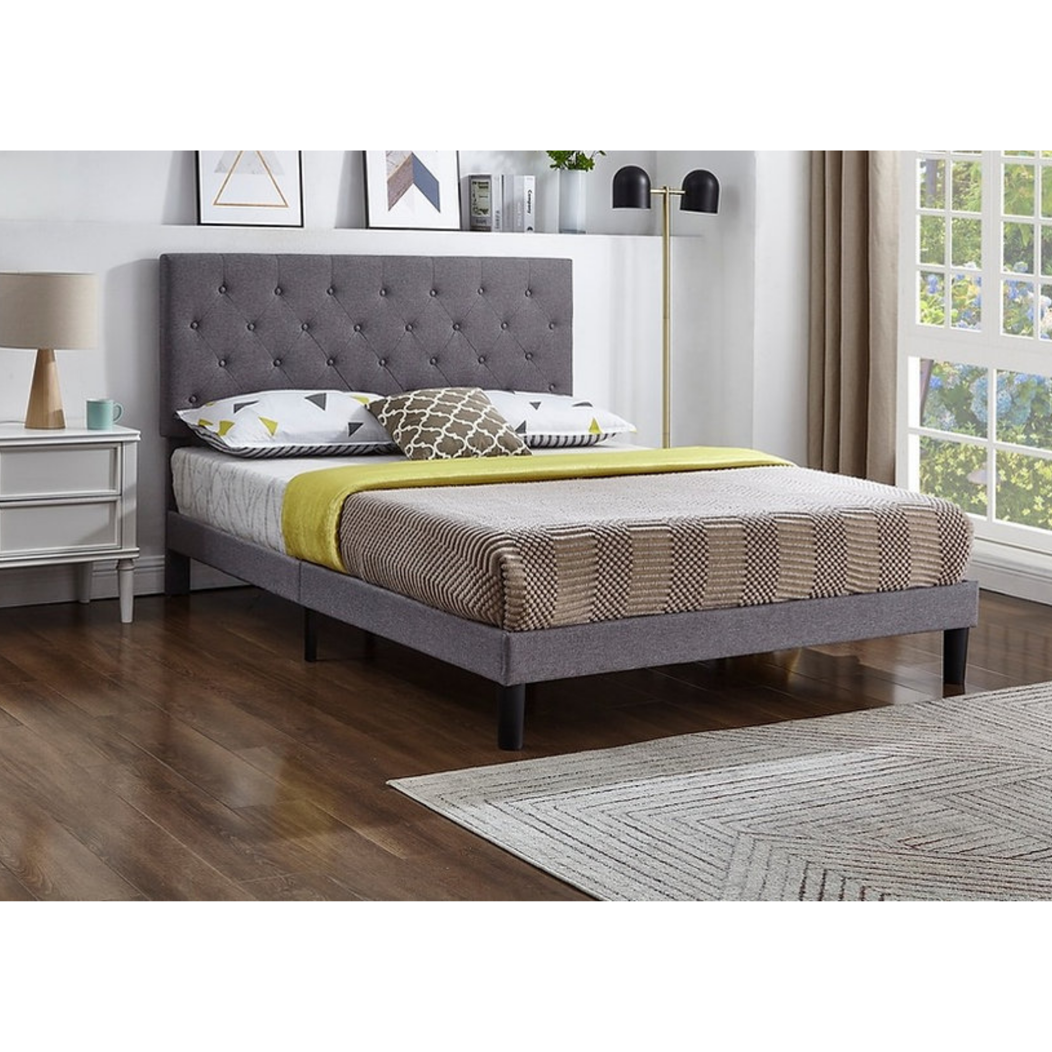 Queen Bed - Grey Fabric Bed IF 5383