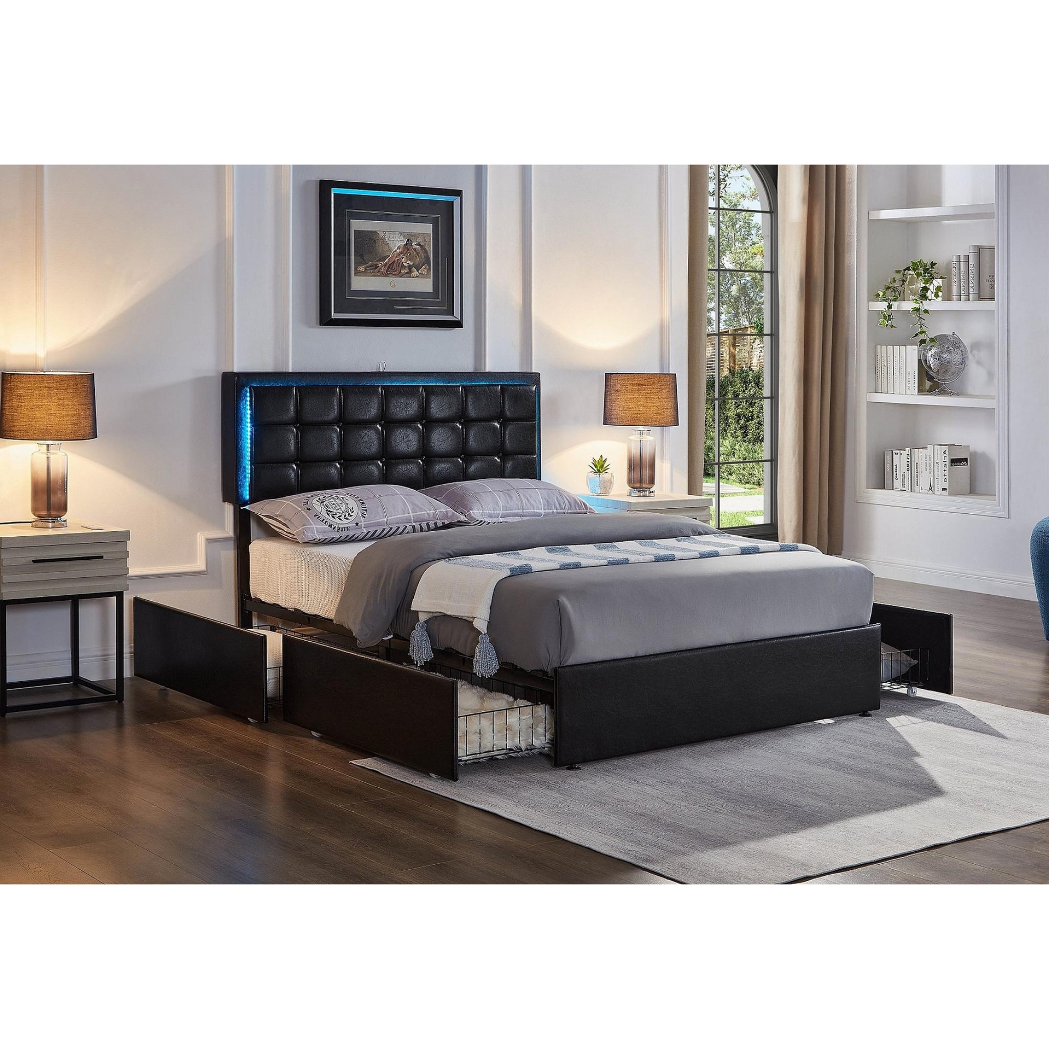 Double Bed - Black PU Storage Led Bed with Charging Station 5400