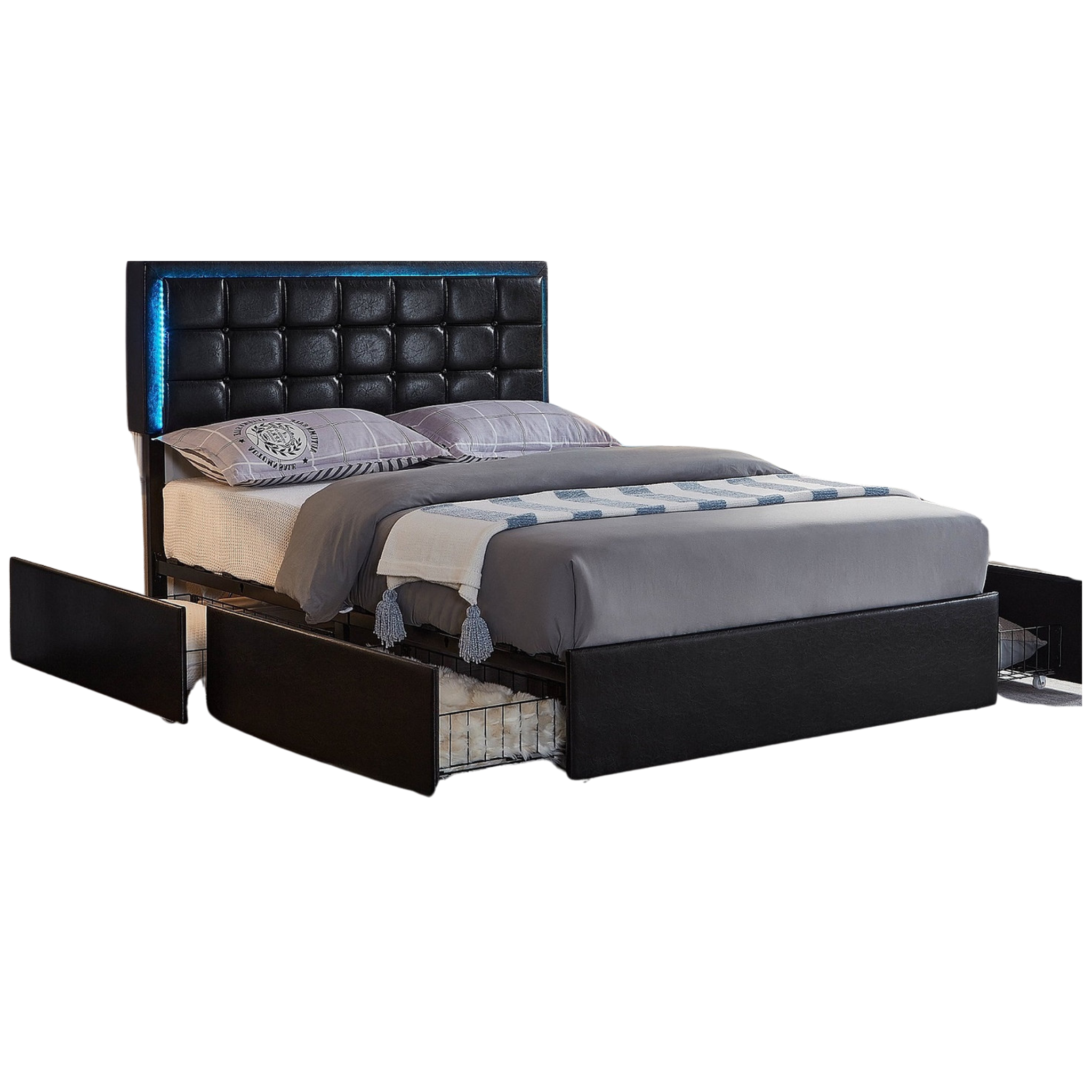 Double Bed - Black PU Storage Led Bed with Charging Station 5400