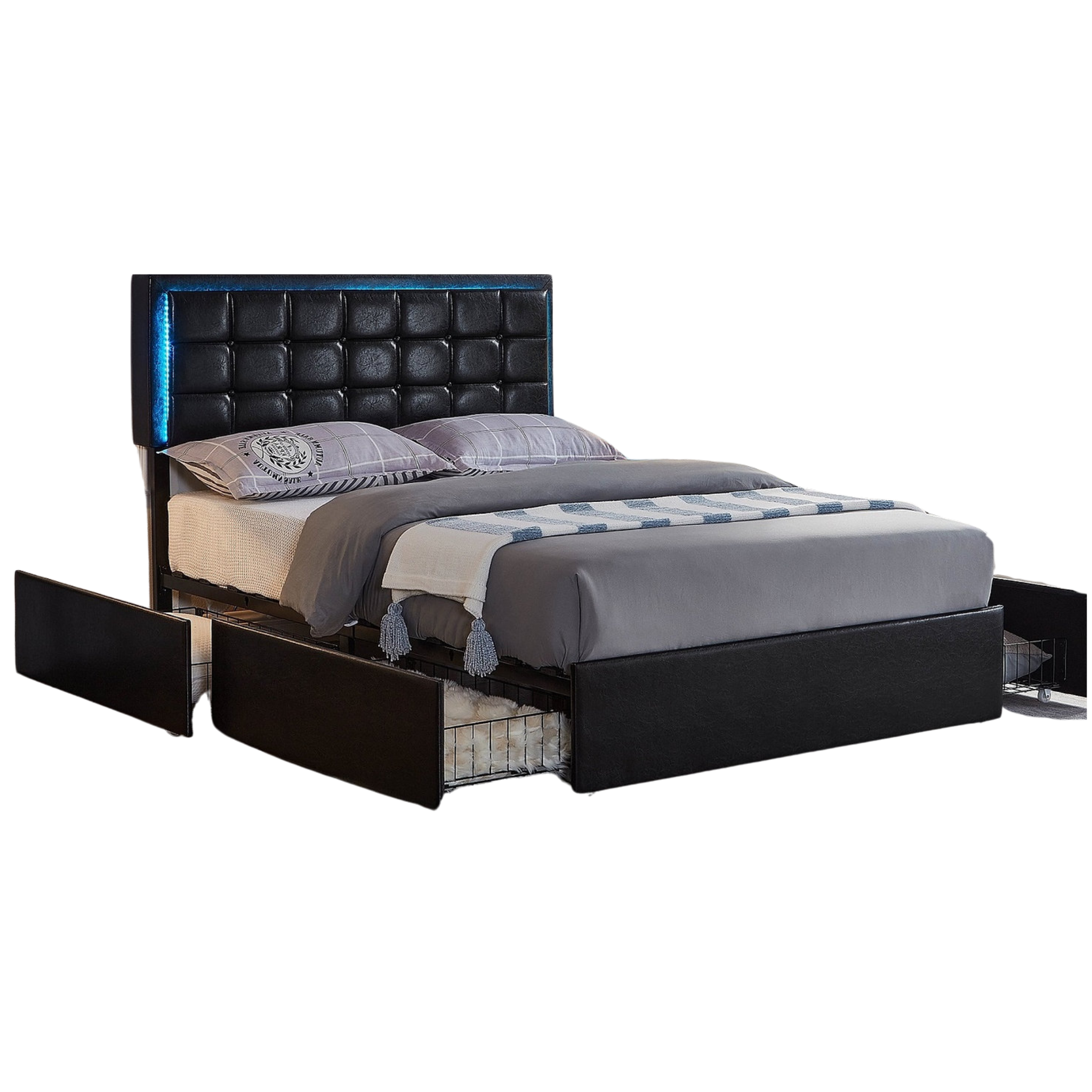 Queen Bed - Black PU Storage Led Bed with Charging Station 5400