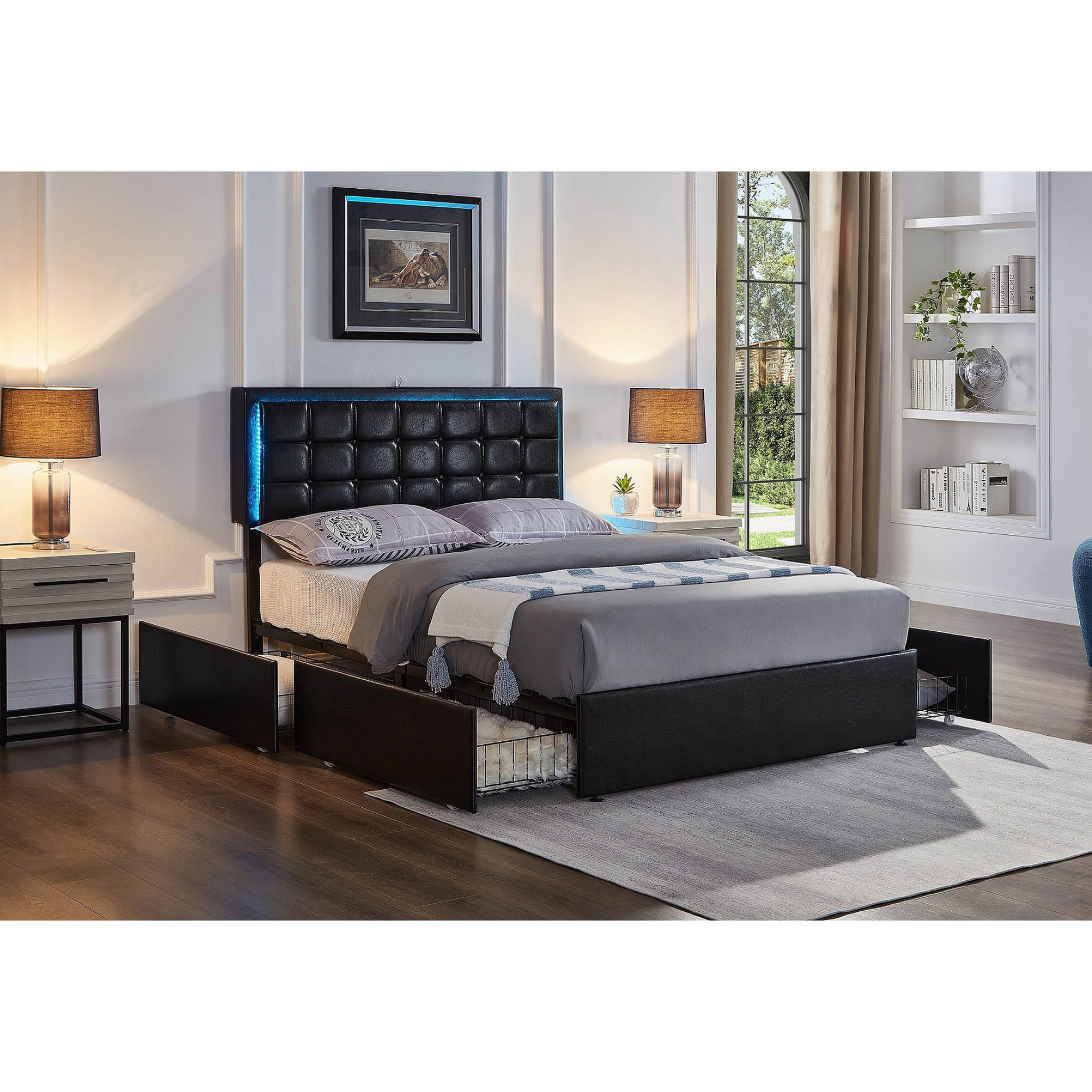 Queen Bed - Black PU Storage Led Bed with Charging Station 5400