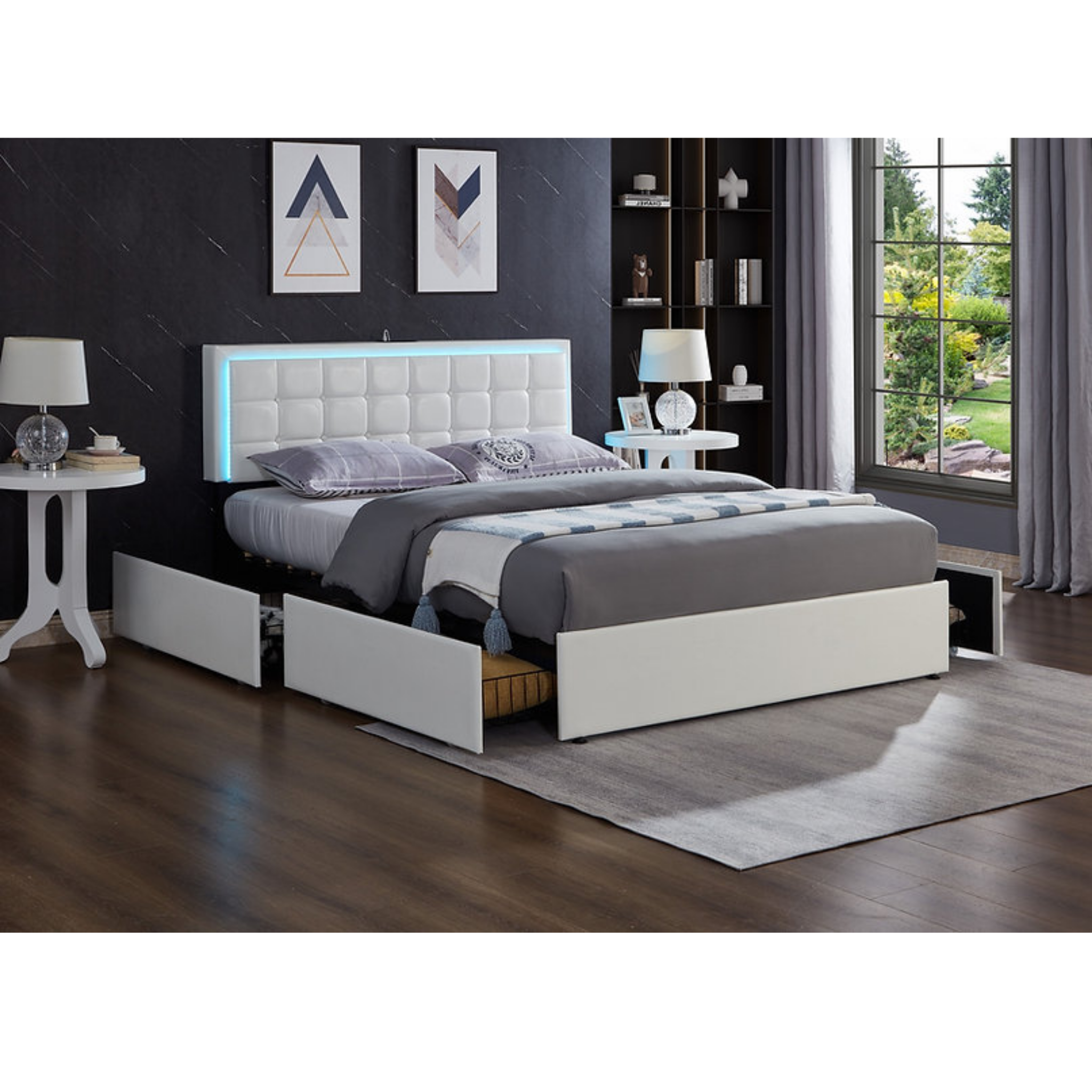 Double Bed - White PU Storage Led Bed with Charging Station 5402