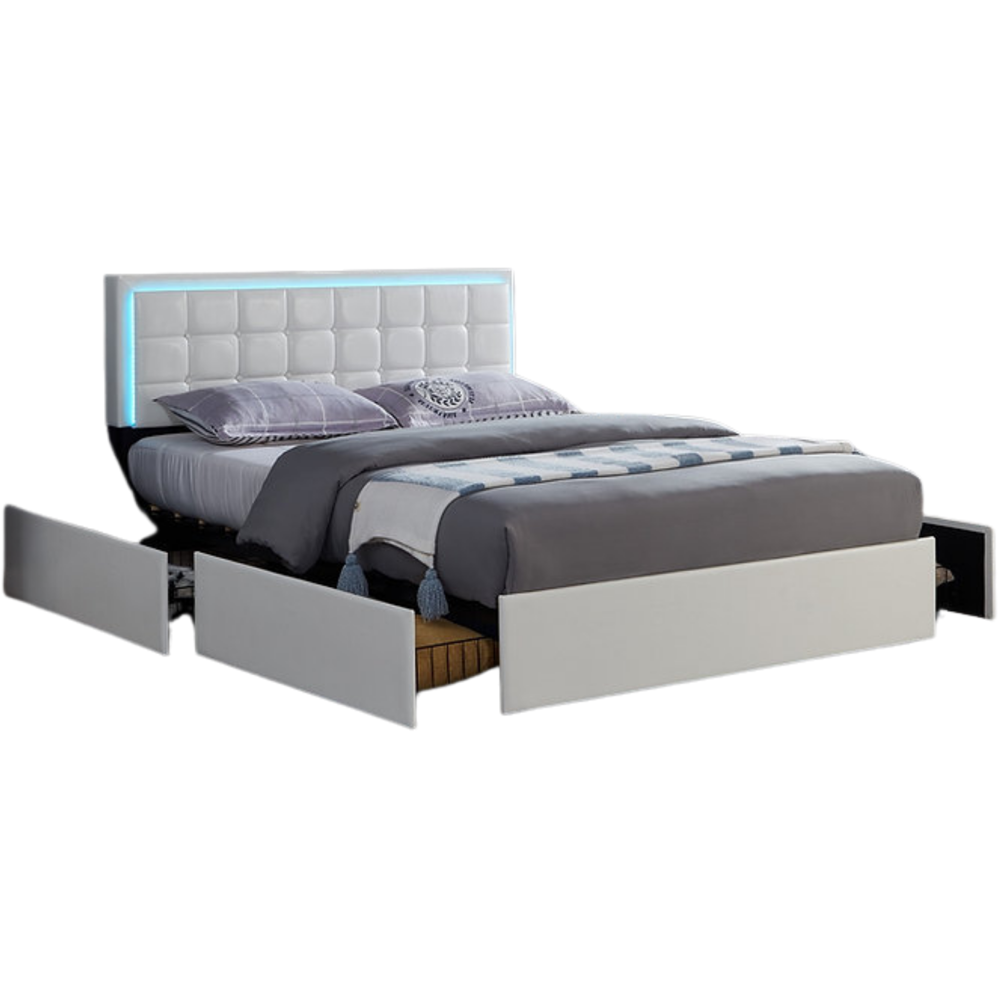 Queen Bed - White PU Storage Led Bed with Charging Station 5402