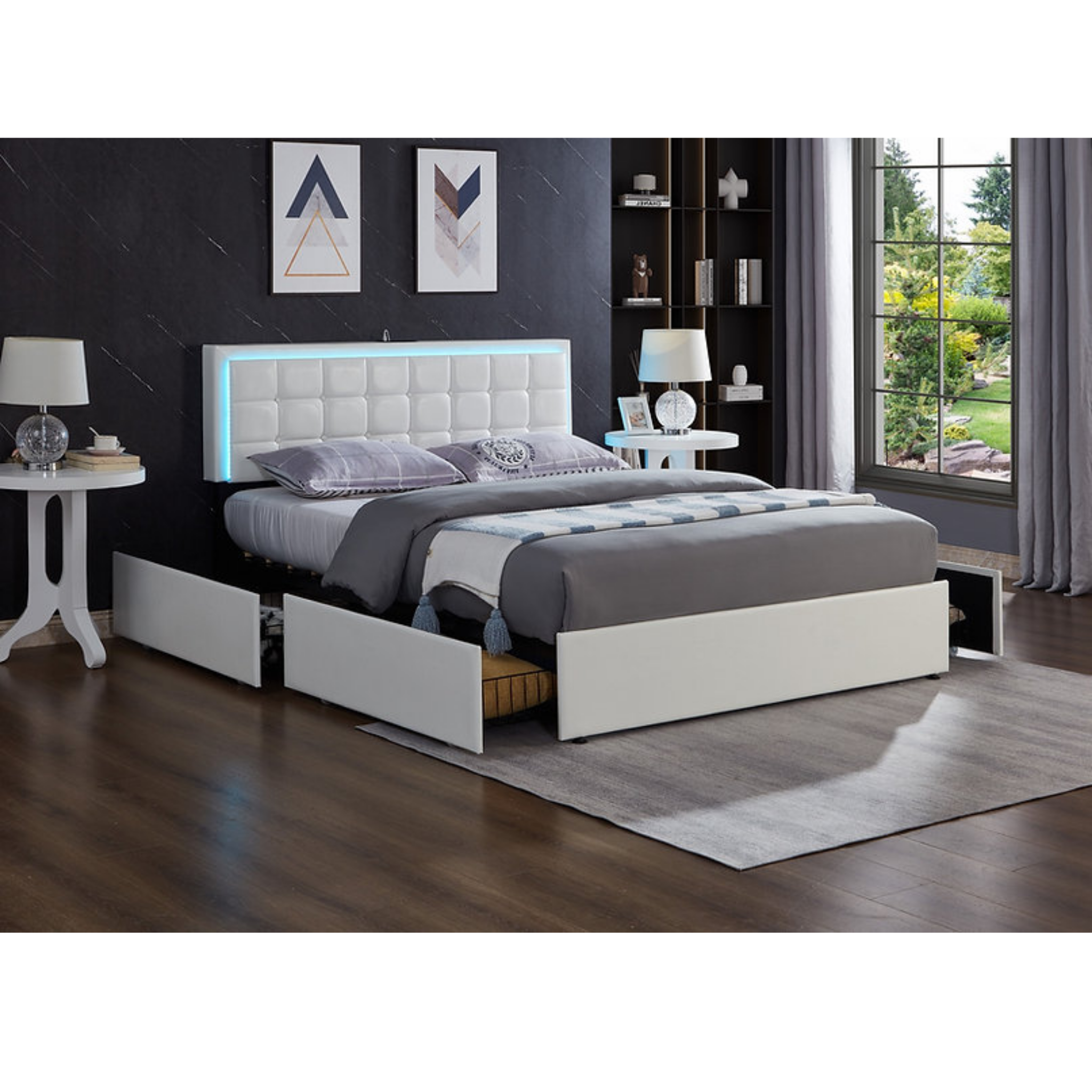 Queen Bed - White PU Storage Led Bed with Charging Station 5402