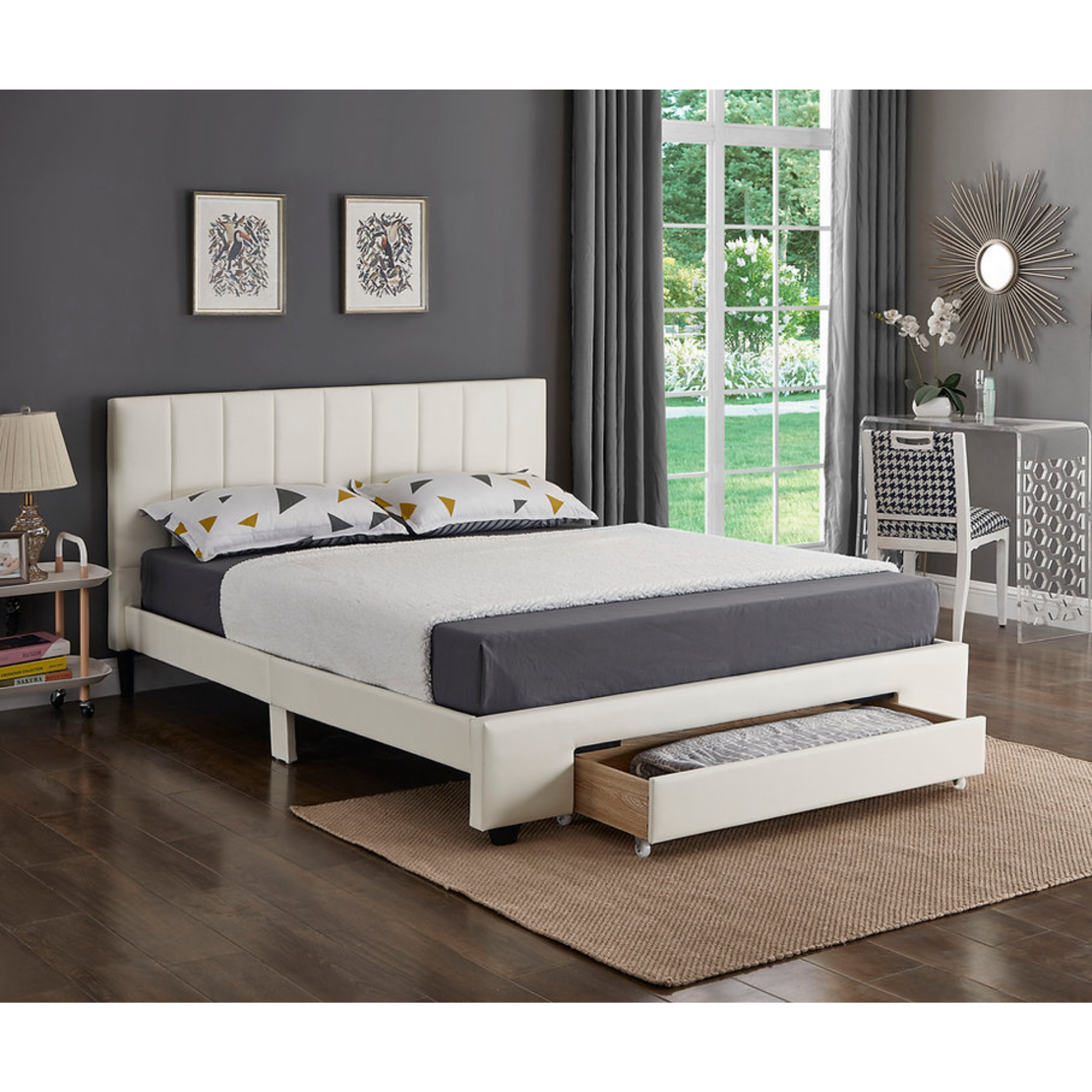 Queen Bed - White PU Bed with Front Drawers 5482