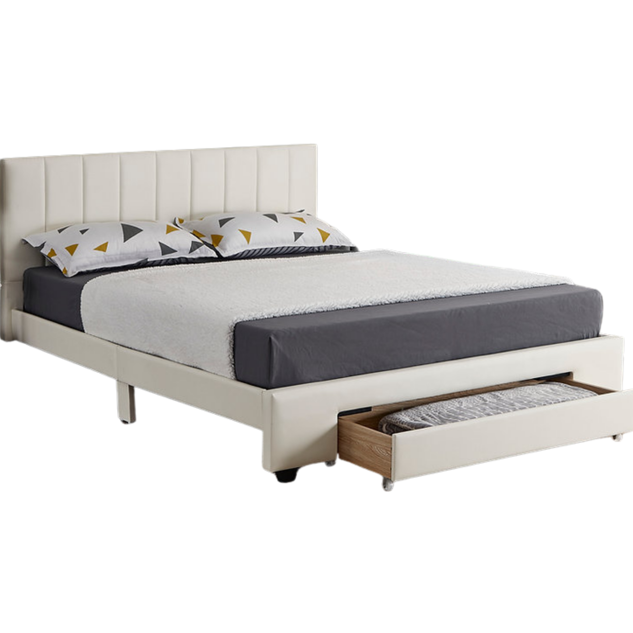 Queen Bed - White PU Bed with Front Drawers 5482