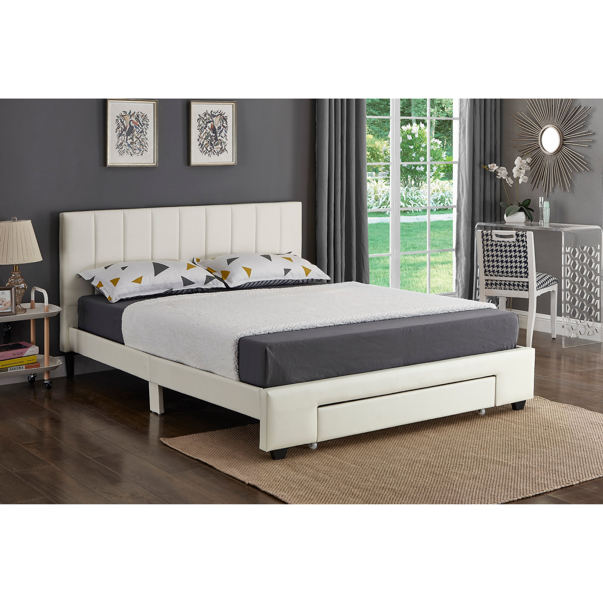 Lit Queen Size - Lit en PU blanc avec tiroirs avant 5482