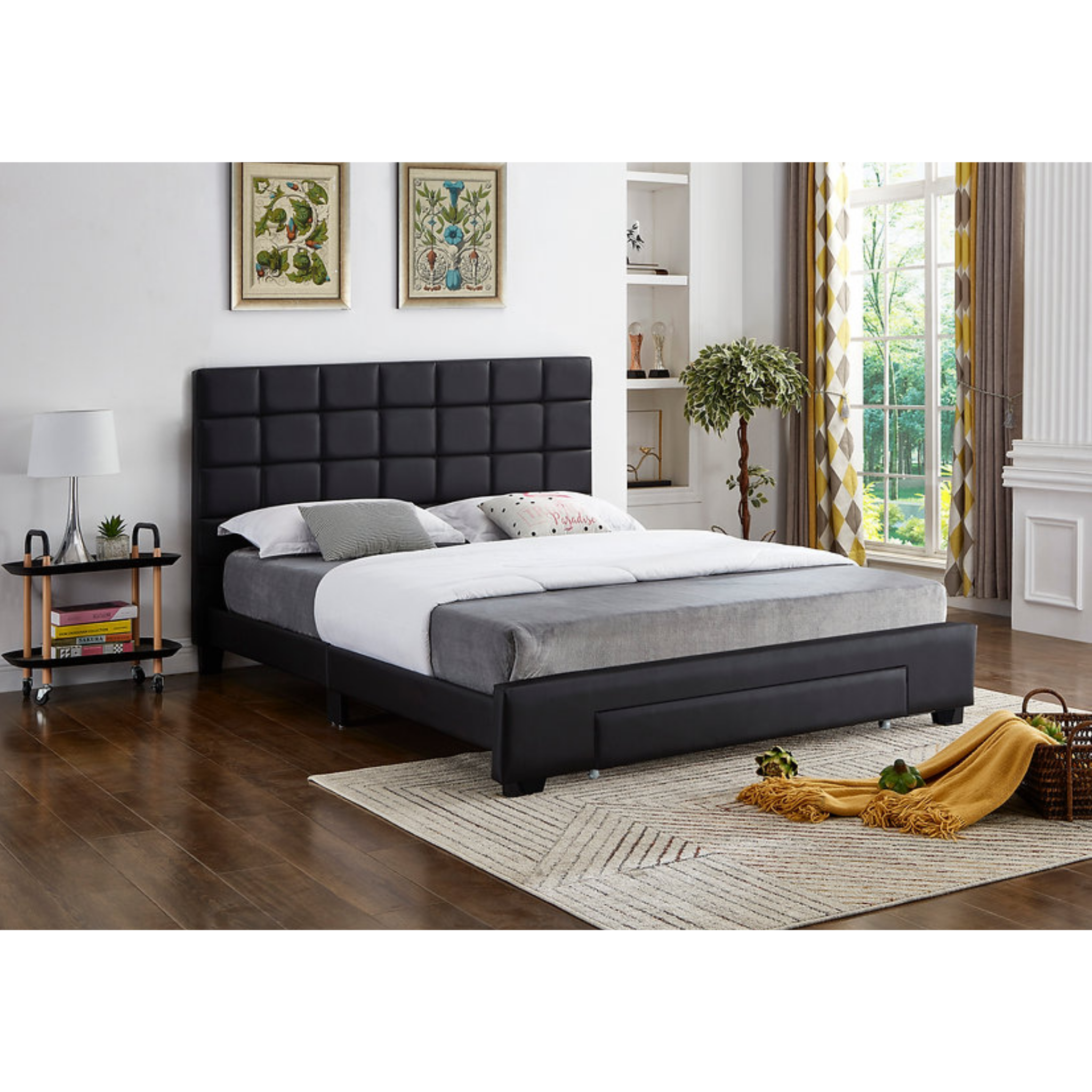 Queen Bed - Black PU Bed with Front Drawers 5490