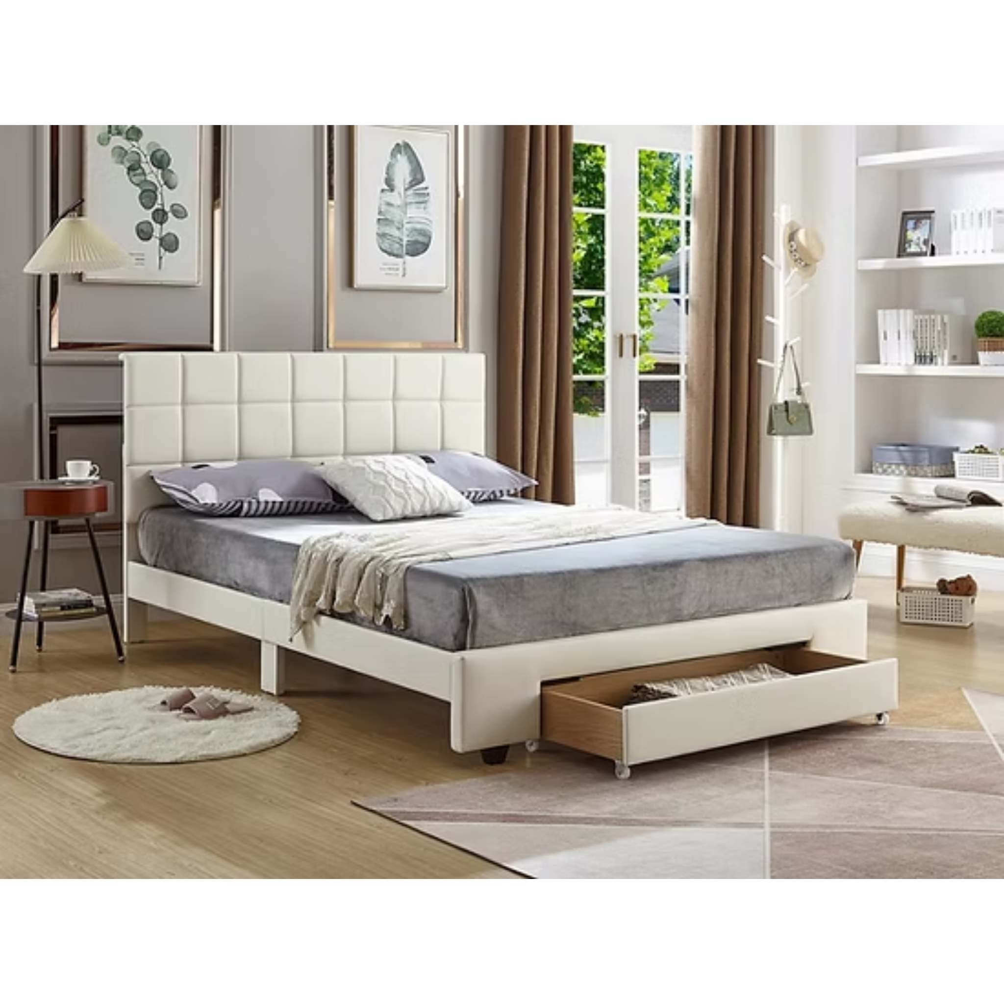 Queen Bed - White PU Bed with a Square Pattern Tufted Headboard IF-5492