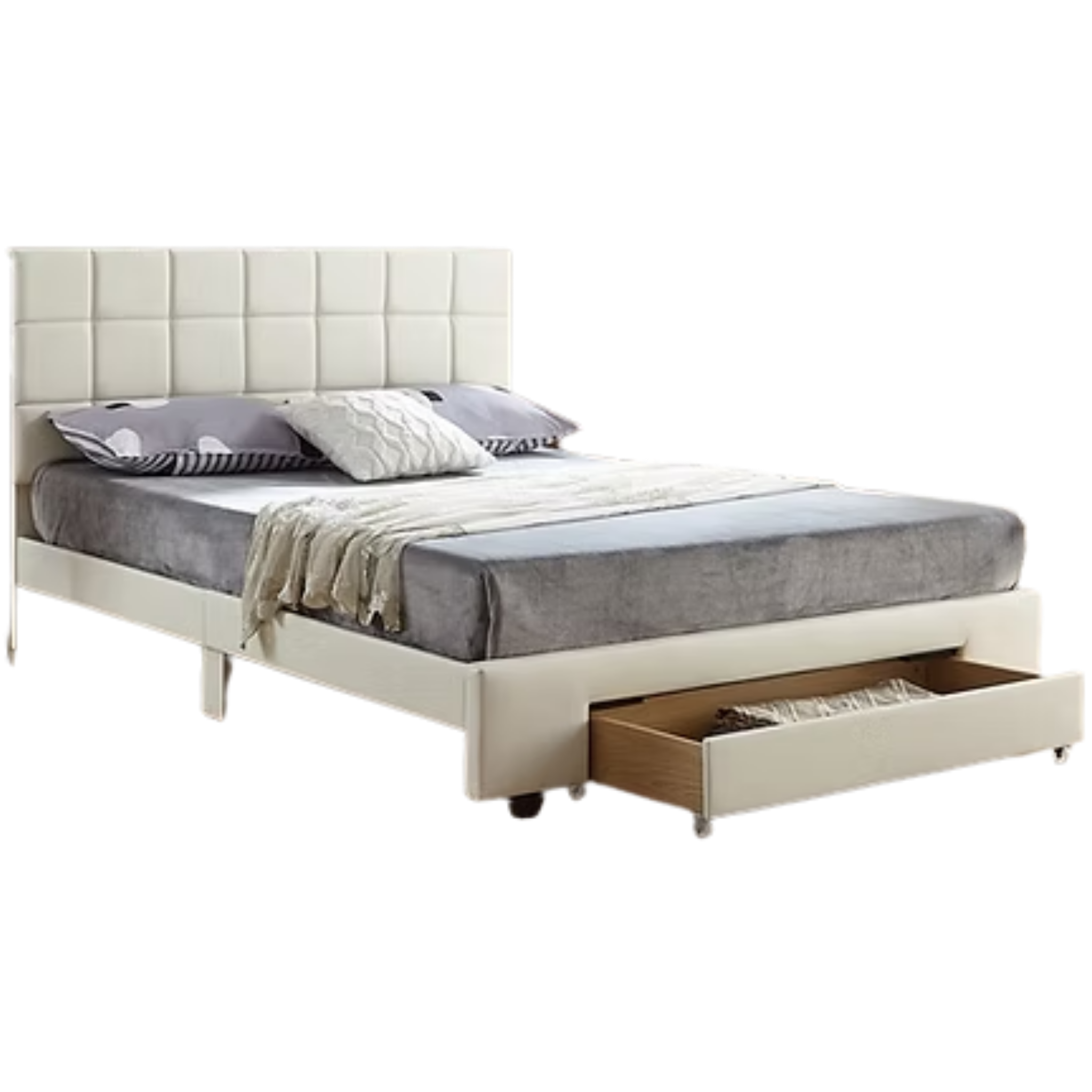 Queen Bed - White PU Bed with a Square Pattern Tufted Headboard IF-5492