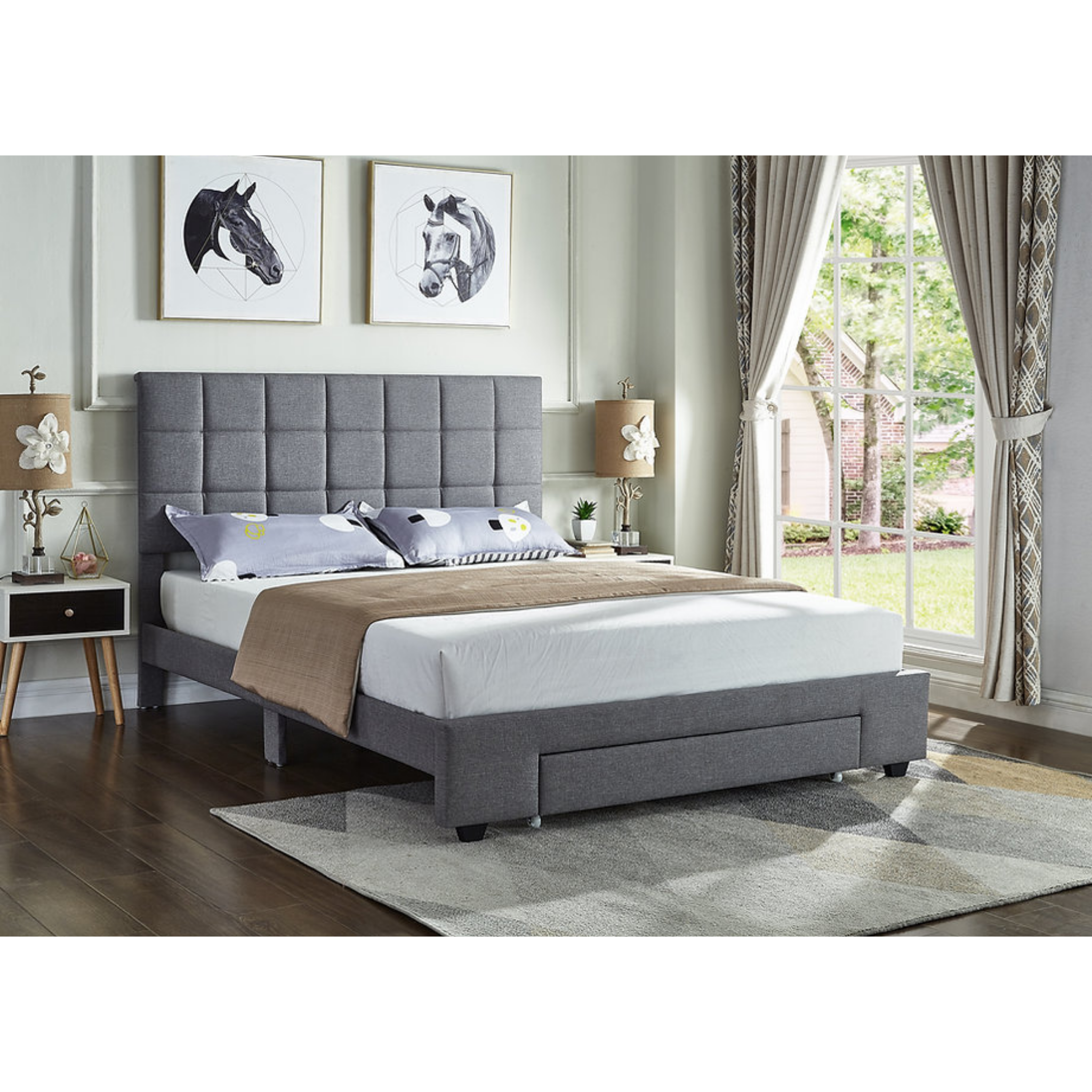 Lit double en tissu gris avec tiroirs avant 5493