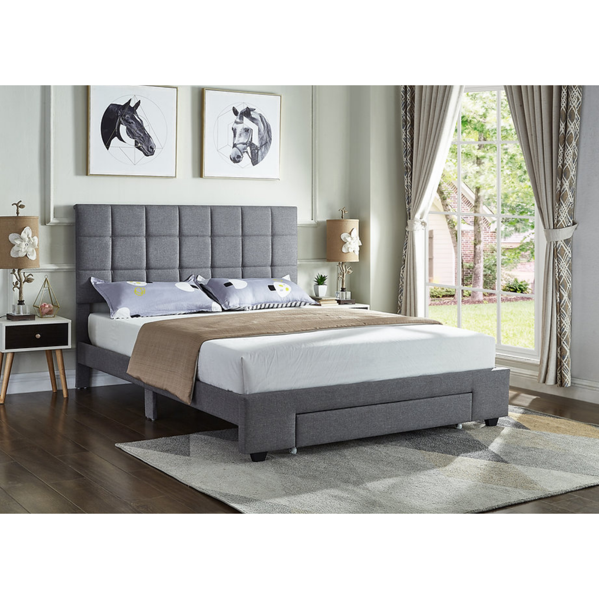 Queen Bed - Grey Fabric Bed with Front Drawers 5493
