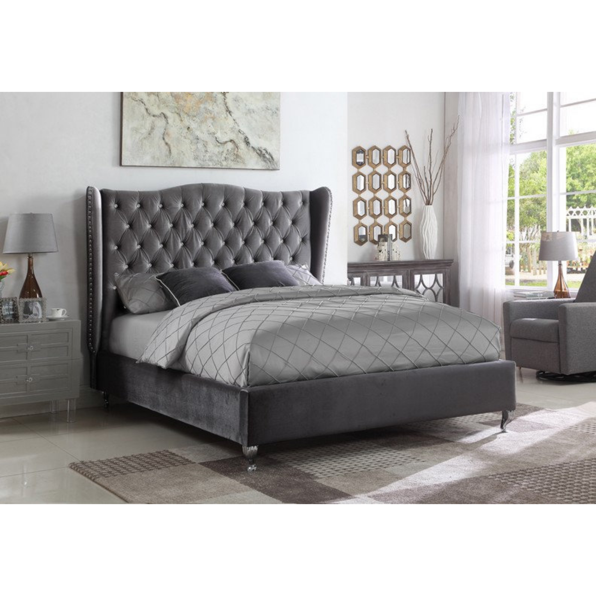 Queen Bed - Grey Velvet Fabric Bed IF 5520