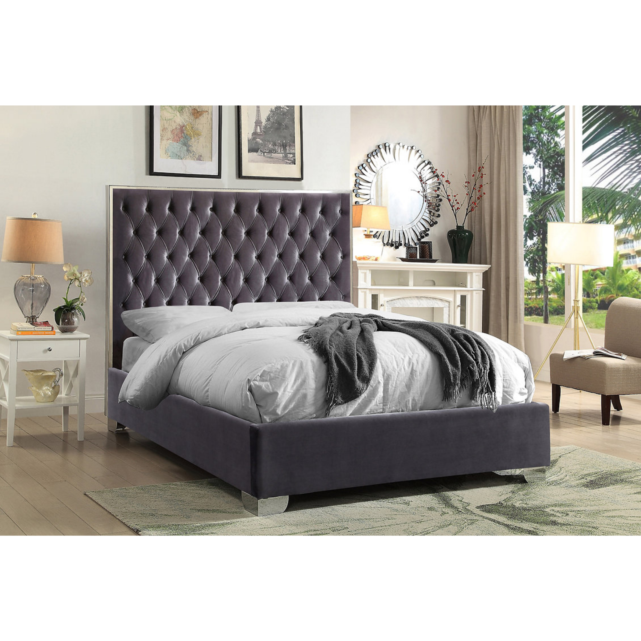 Queen Bed - Grey Velvet Fabric Bed #5540