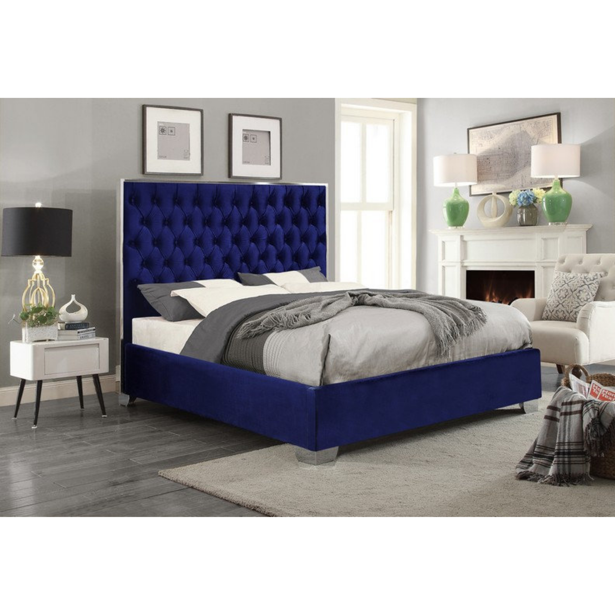 King Bed - Blue Velvet Fabric Bed #5541