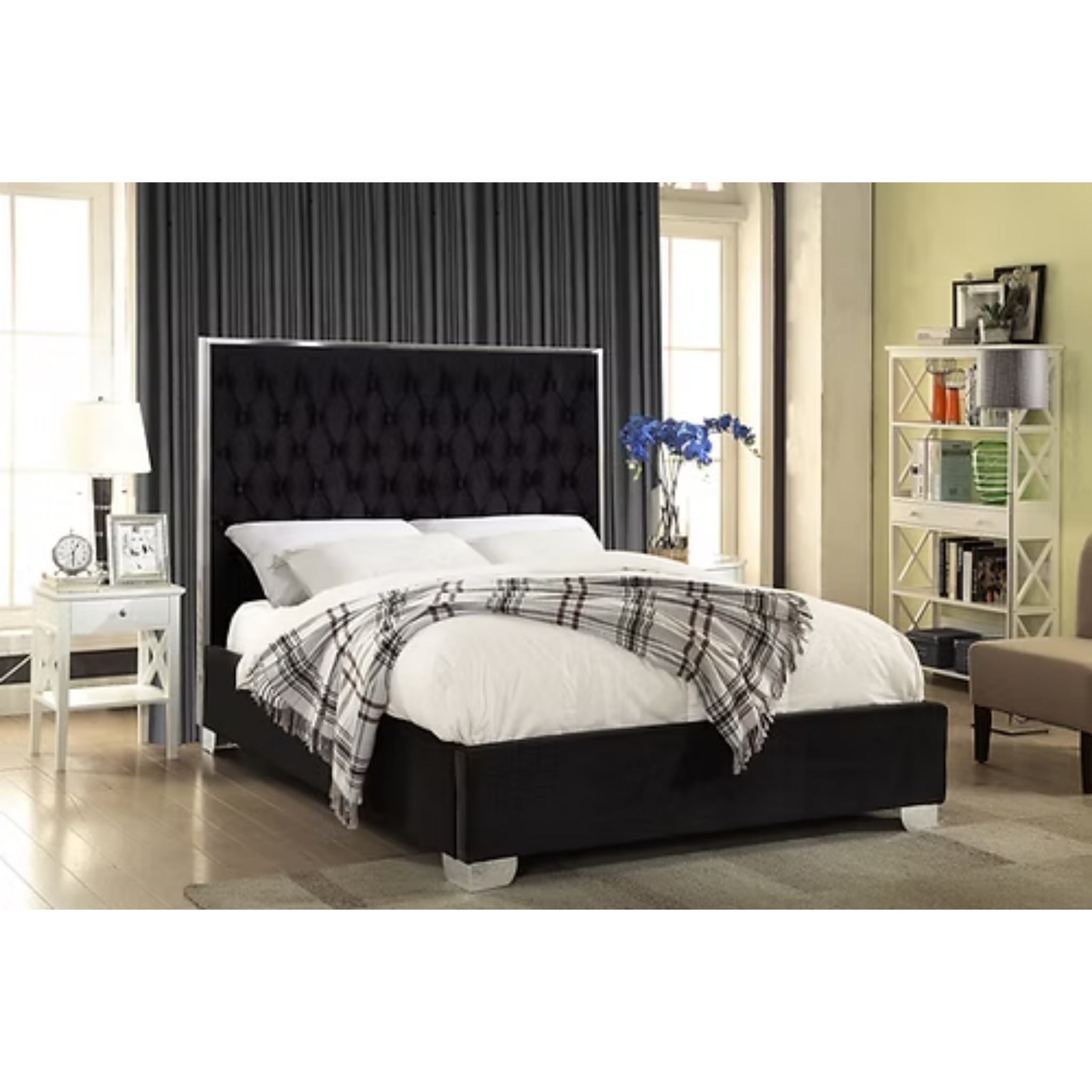 Queen Bed - Black Velvet Fabric Bed 5542