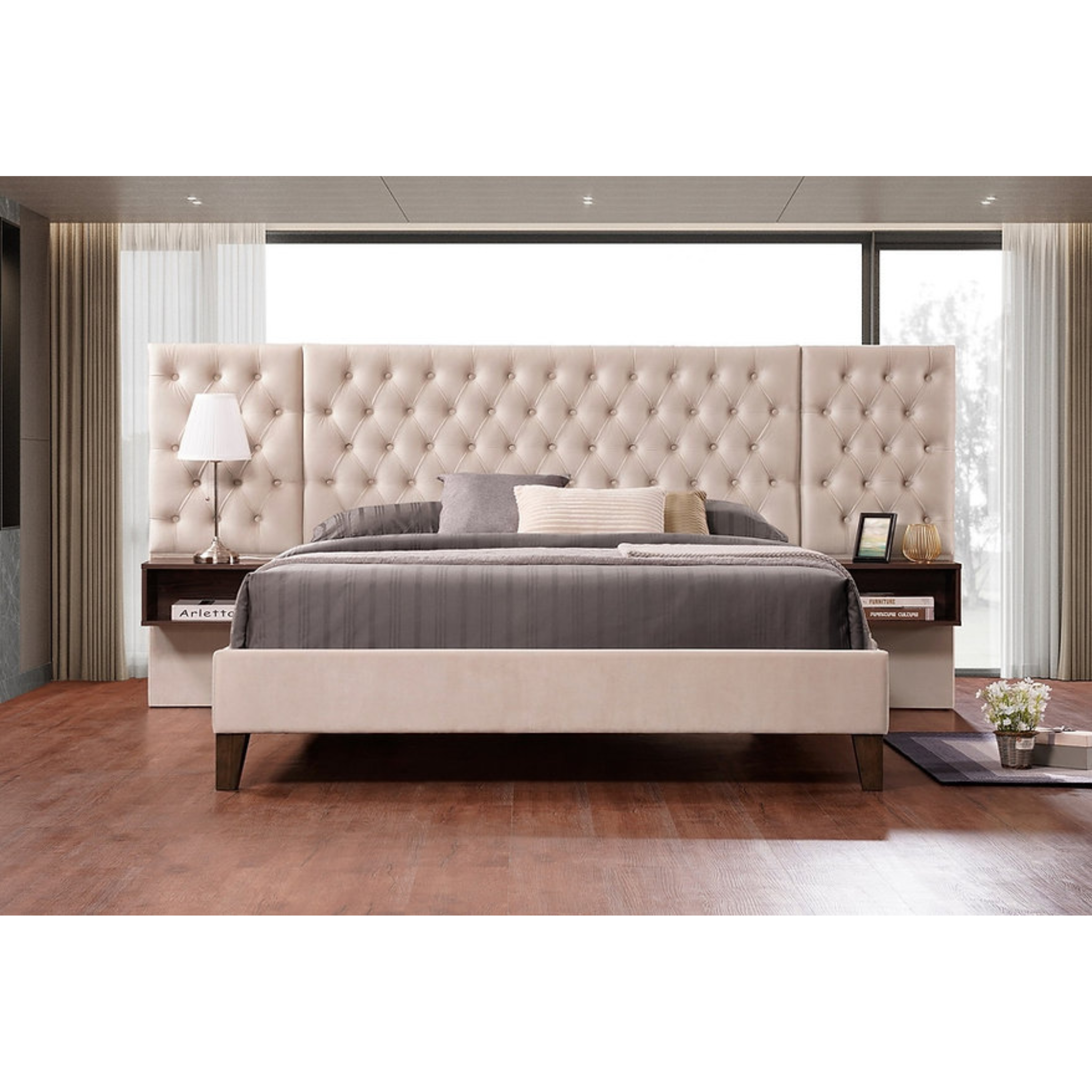 King Bed - Beige Velvet Fabric Bed With Brown Night Stand 5565