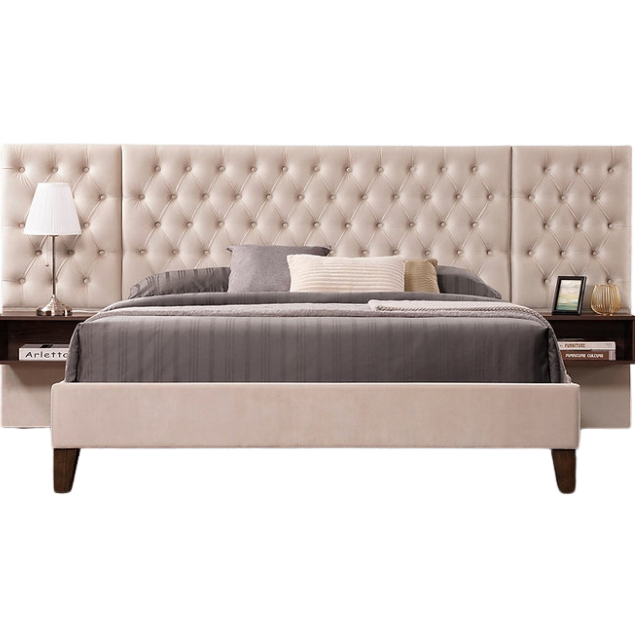 King Bed - Beige Velvet Fabric Bed With Brown Night Stand 5565