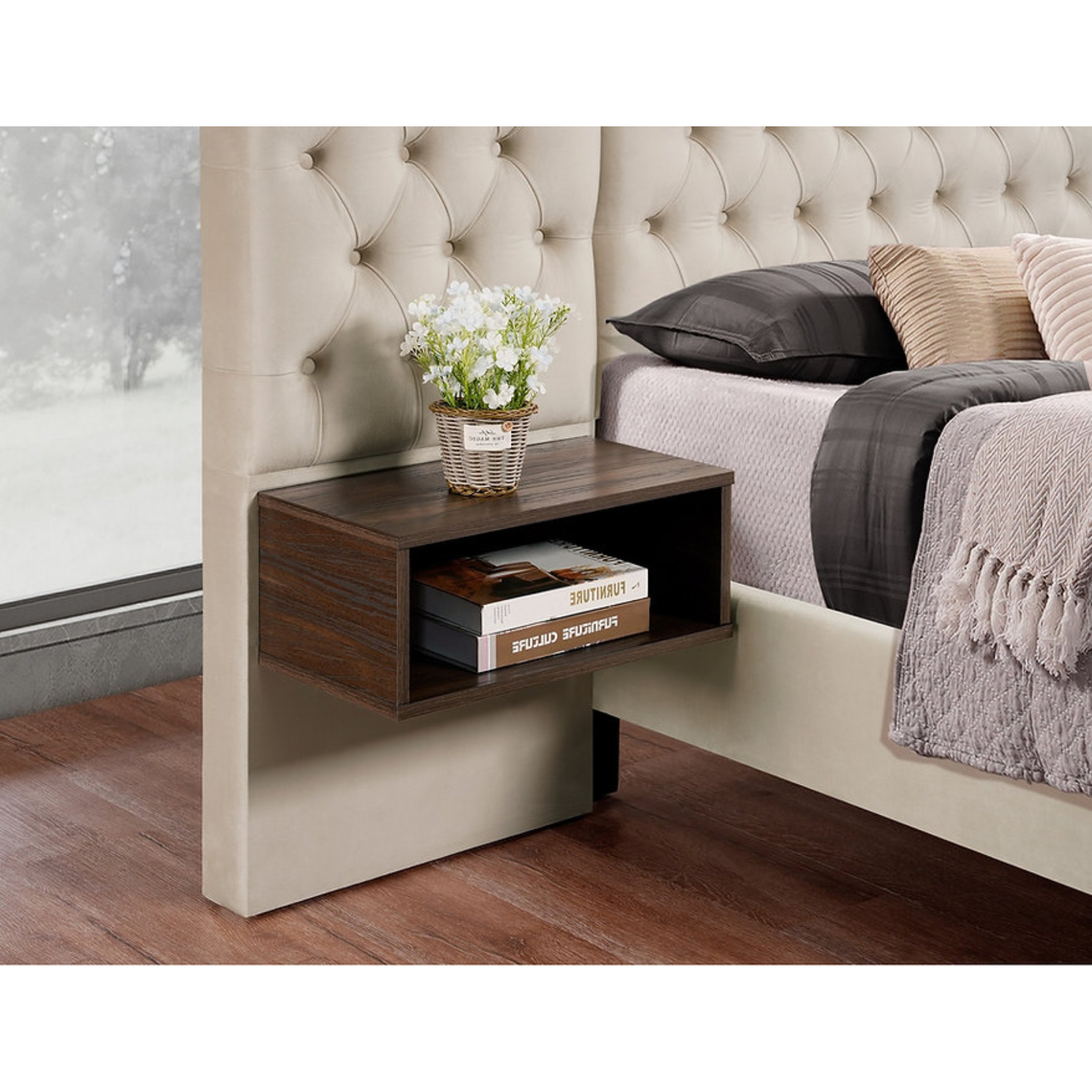 Queen Bed - Beige Velvet Fabric Bed With Brown Night Stand 5565