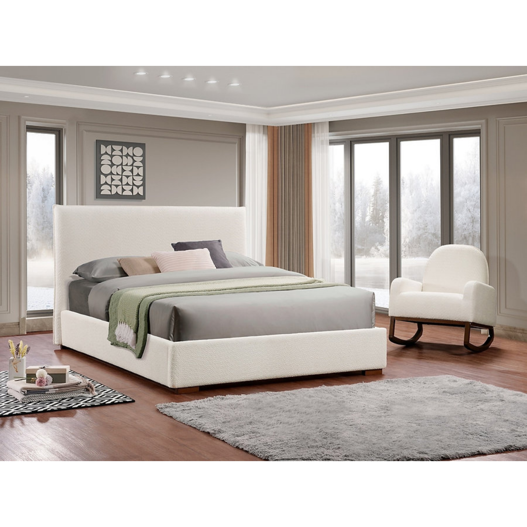 Queen Bed - Beige Boucle Fabric Platform Bed 5568