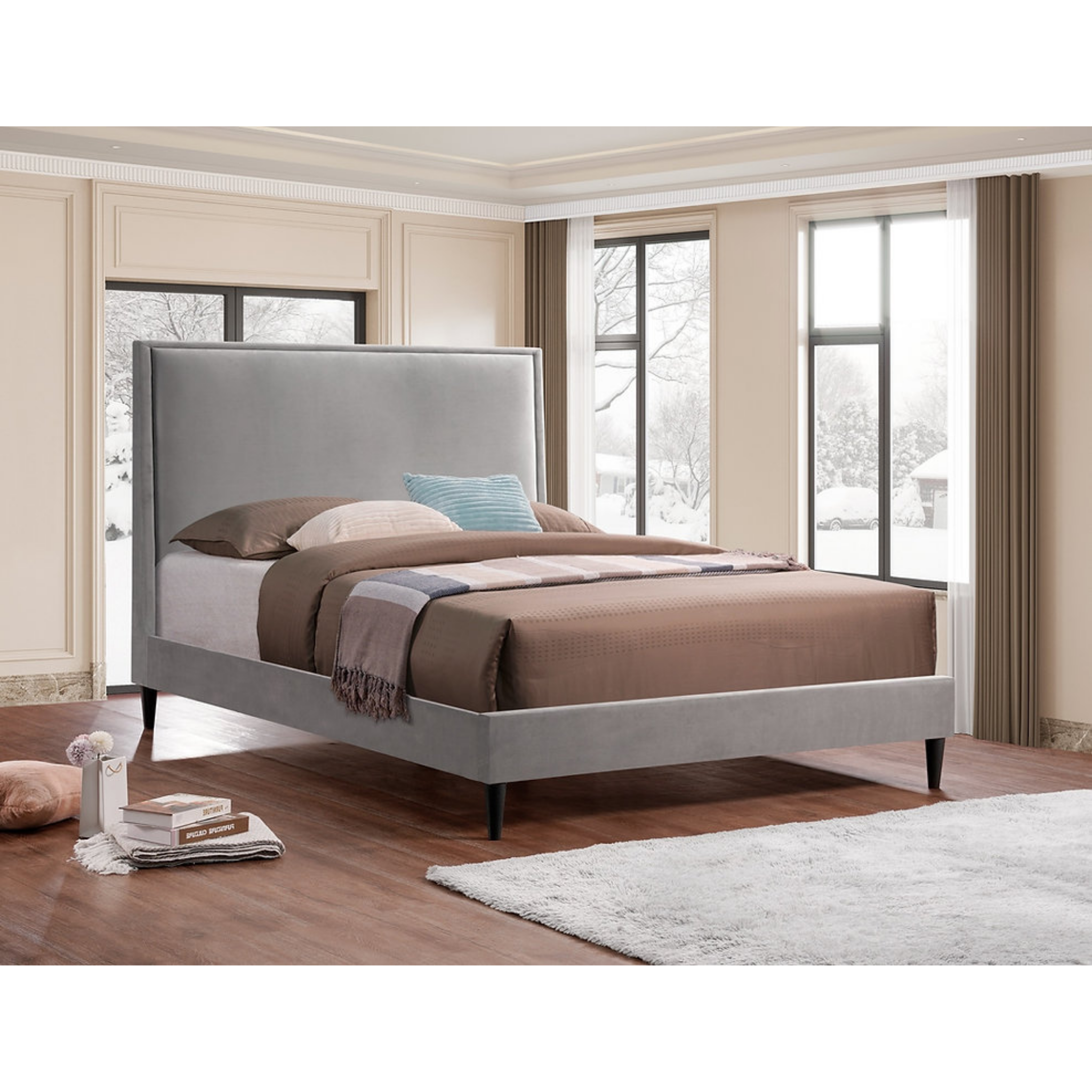 King Bed - Grey Velvet Fabric Platform Bed 5570