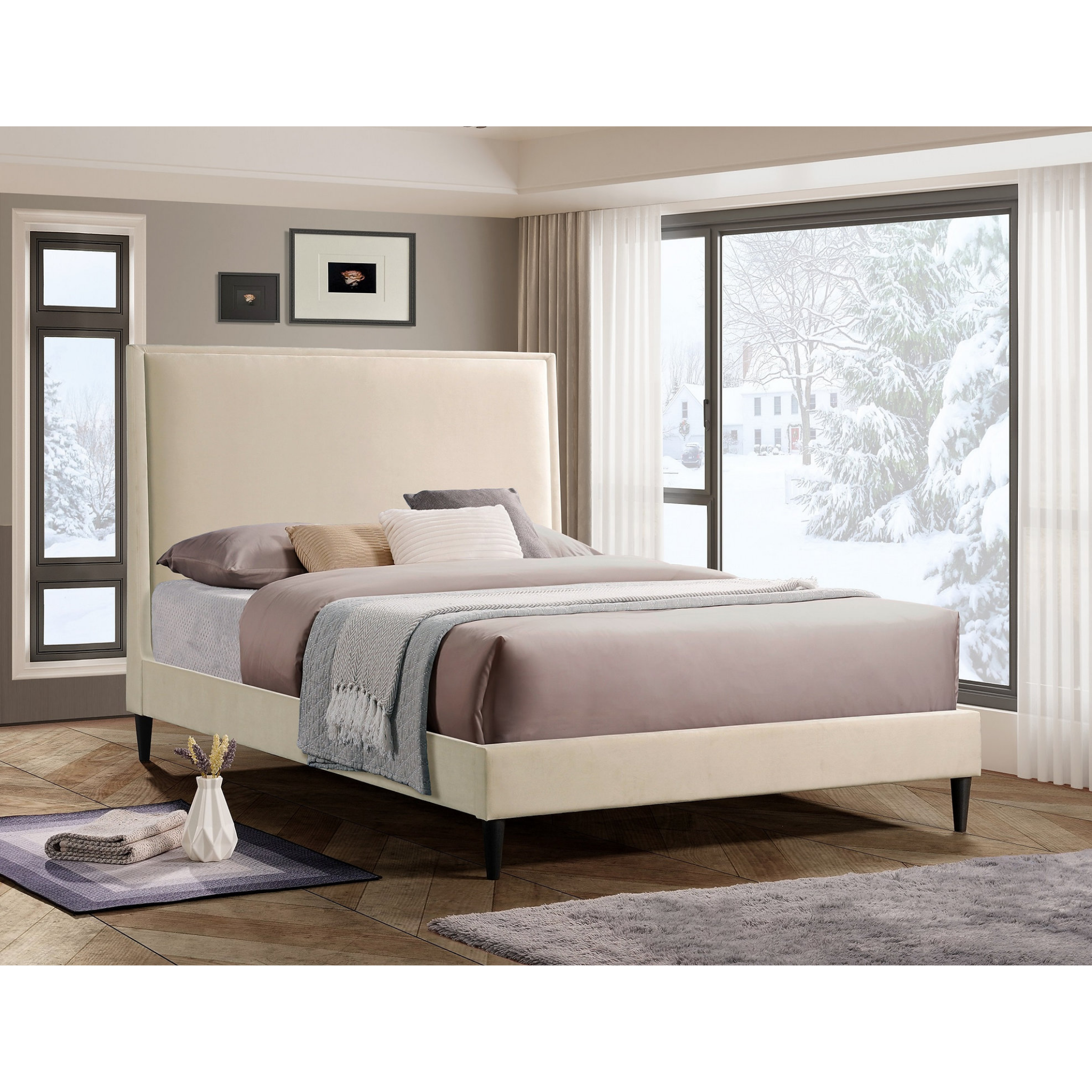 Queen Bed - Creme Velvet Fabric Platform Bed 5572