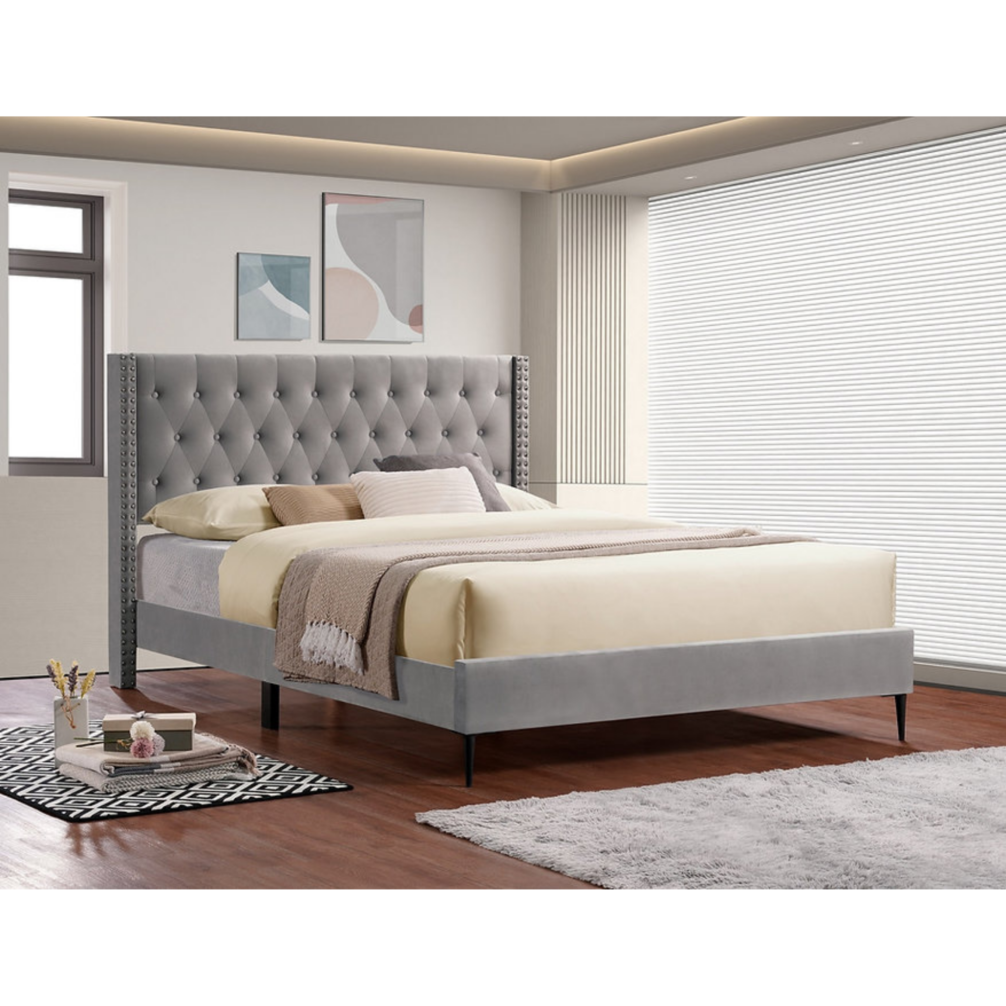 Lit King Size - Lit plateforme en velours gris 5590