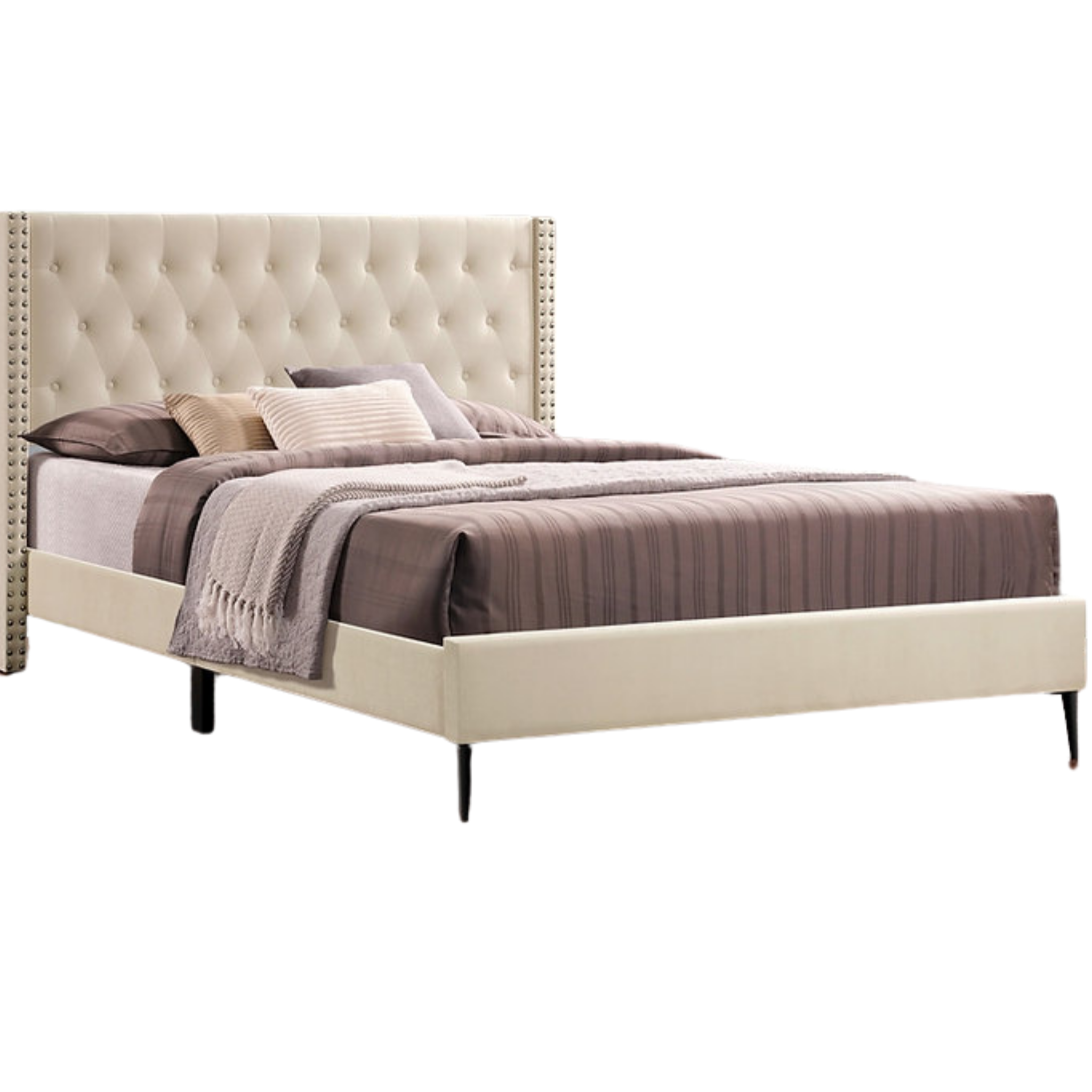 Queen Bed - Creme Velvet Fabric Platform Bed 5592