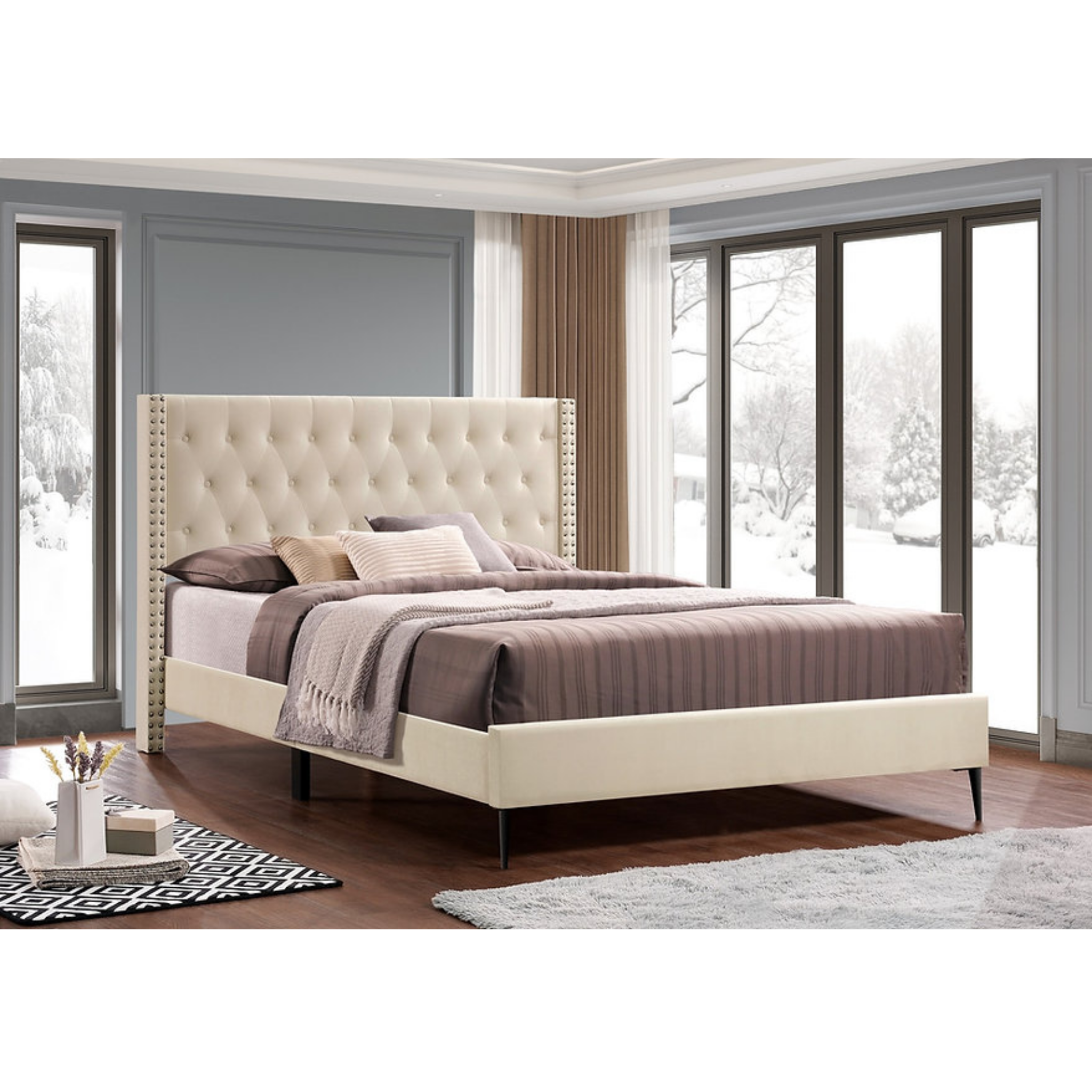 Queen Bed - Creme Velvet Fabric Platform Bed 5592