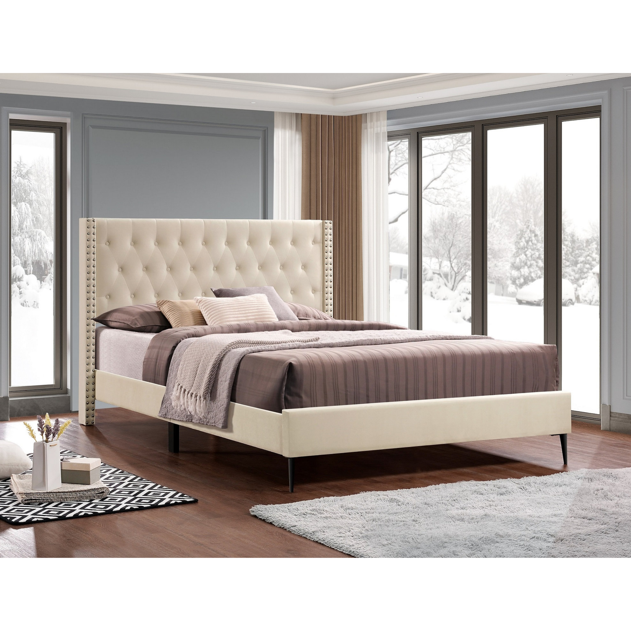 King Bed - Creme Velvet Fabric Platform Bed 5592