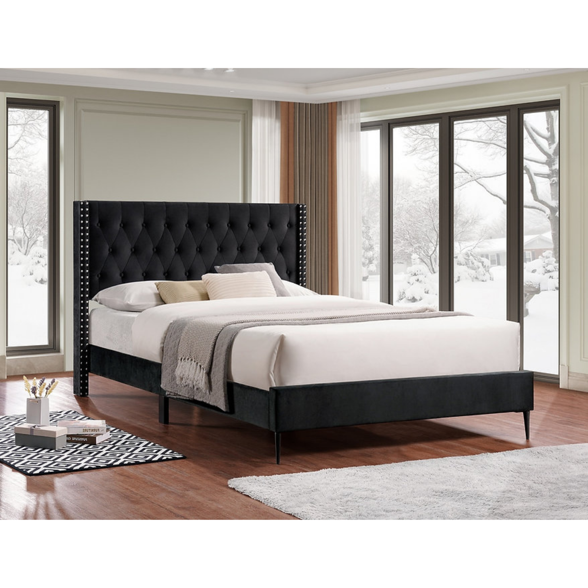 King Bed - Black Velvet Fabric Platform Bed 5593