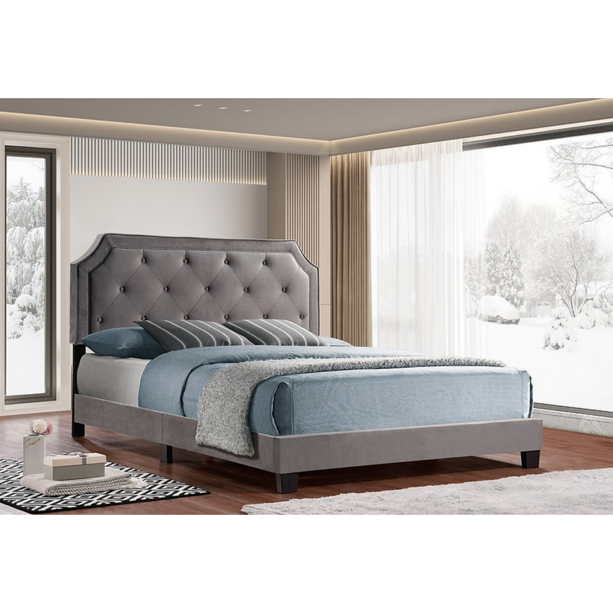 Lit double - Lit plateforme en velours gris 5610