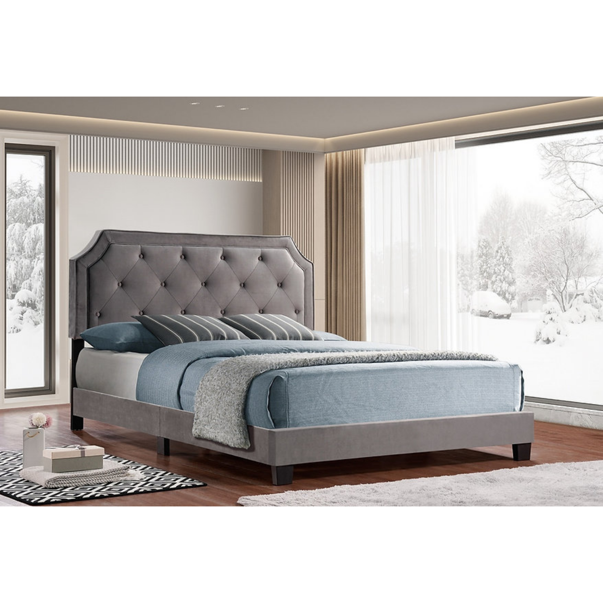 Lit King Size - Lit plateforme en velours gris 5610