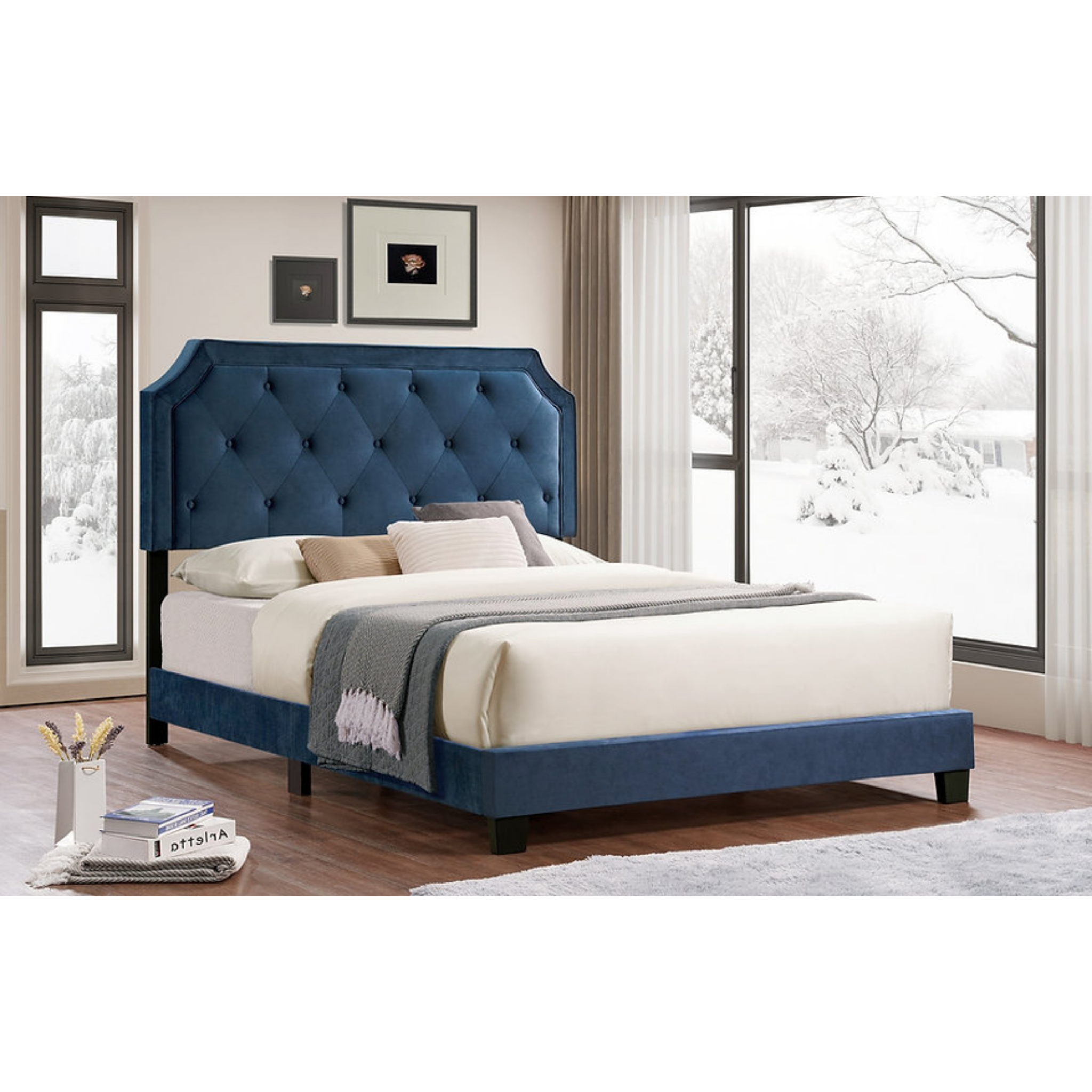 Lit King Size - Lit plateforme en velours bleu 5611